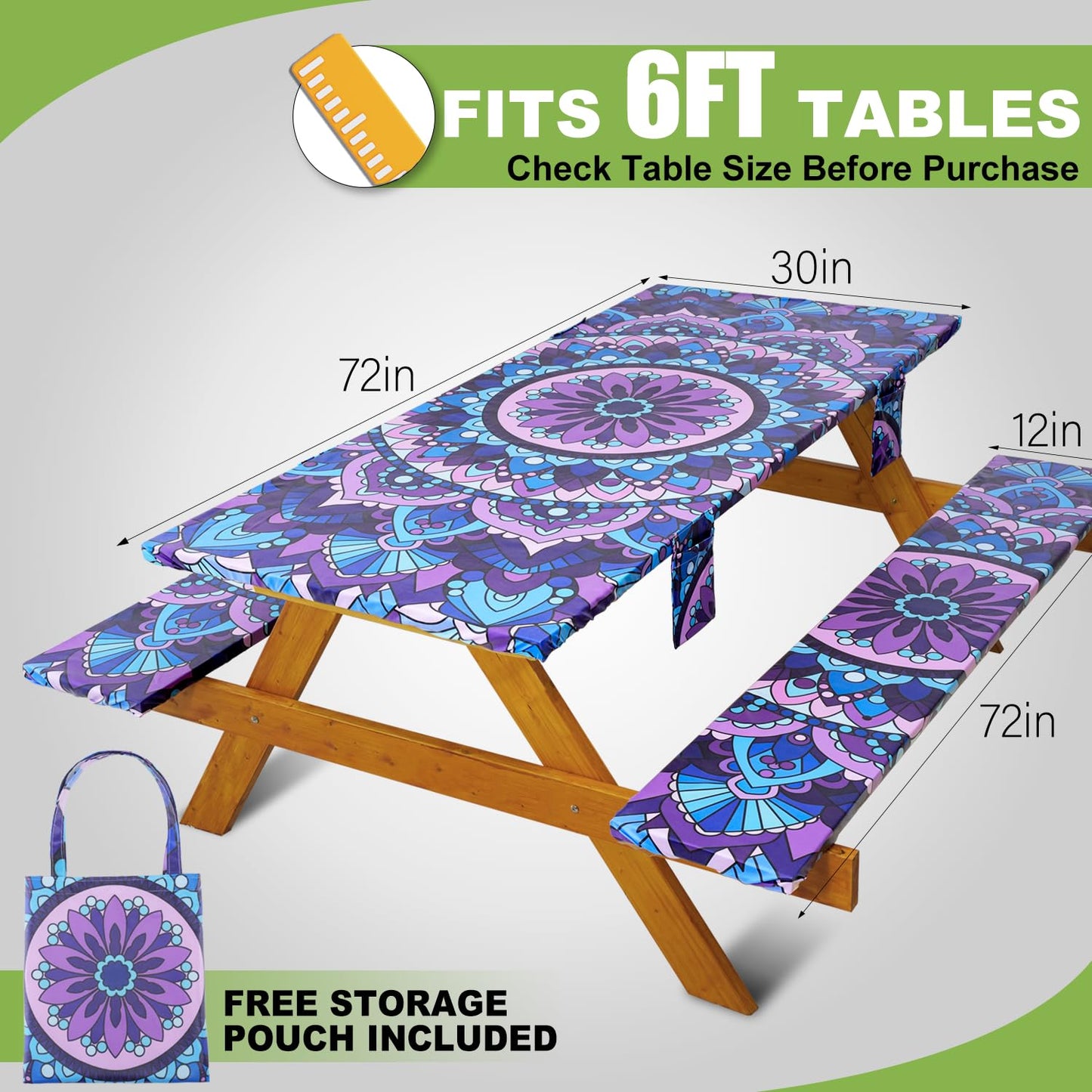 Fitted Picnic Table Cover with Bench Covers Vinyl Waterproof Elastic Edges Fitted Rectangle Tables Patio Tablecloth Camping Gear and Essentials Rv Accessories Road Trip Supplies Car Travel Must Haves