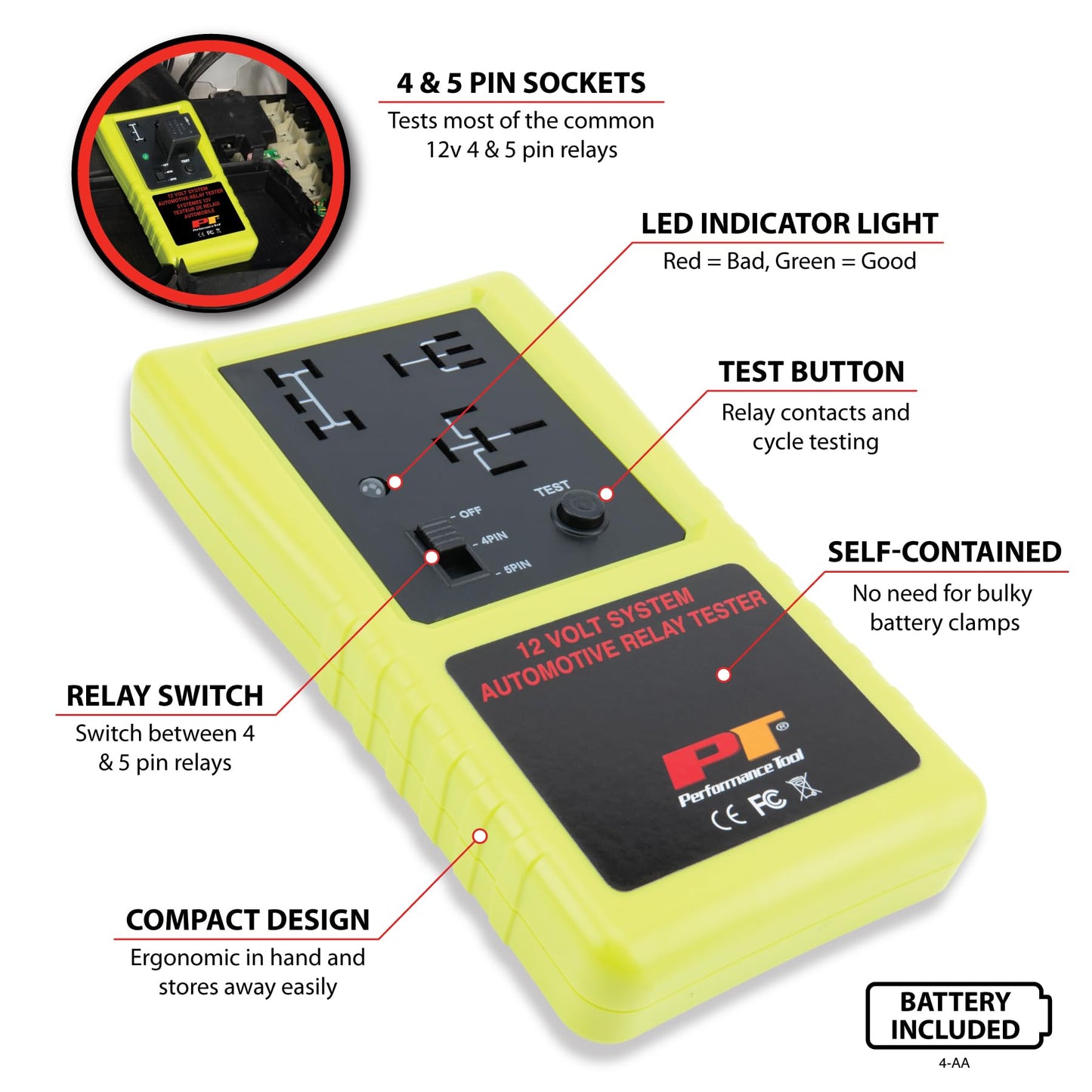 Performance Tool 3009 Compact Cordless Automotive Relay Tester for 12 Volt 4 and 5 pin relays and More