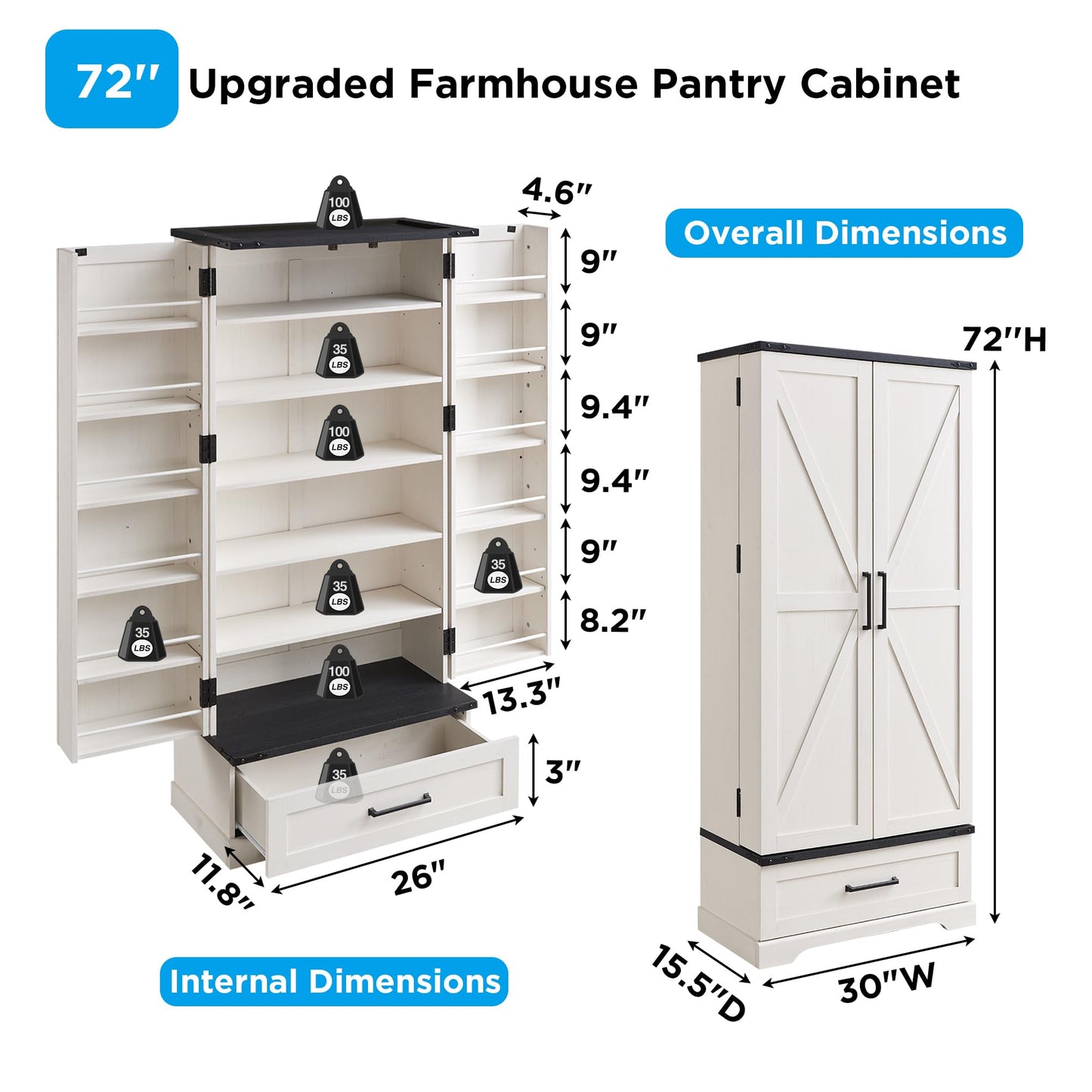 ACCOHOHO 72" Farmhouse Kitchen Pantry Cabinet with Drawer, Tall Storage Cabinet with 2 Barn Doors and Shelves, Versatile Large Rustic Cupboard for Dining Room, Bathroom, Living Room, Laudry, White