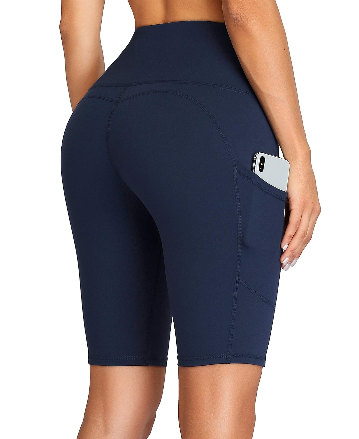 Oalka Women's Short Yoga Side Pockets High Waist Workout Running Shorts Navy Blue XXL