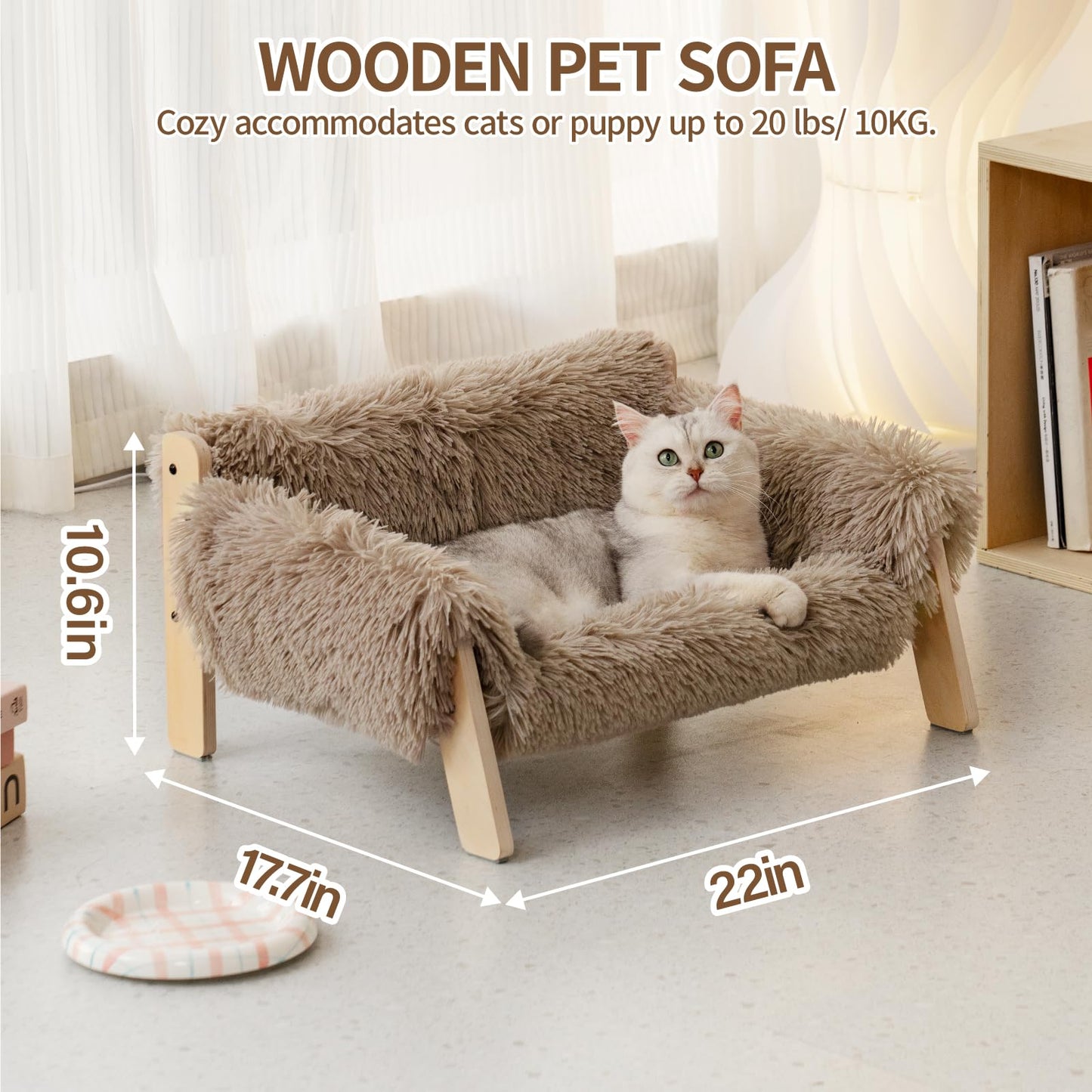 MEWOOFUN Cat Couch Bed, Pet Sofa for Indoor Cats Wooden Indoor Elevated Cat Beds with Removable Mattress Cover Suitable for Kitty, Puppy or Small Animal (Brown, Medium)
