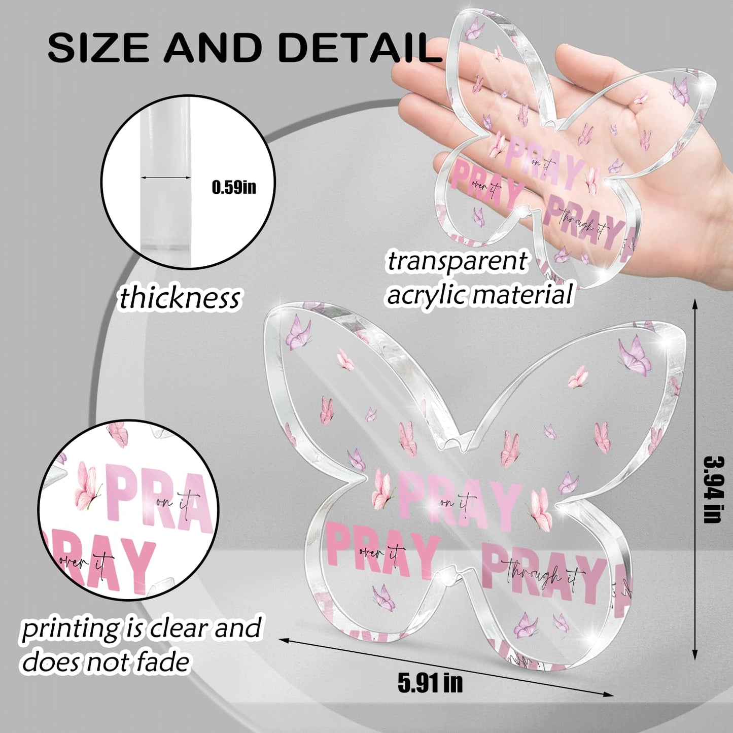 Pink Christian Gifts for Women, Religious Plaques Christian Woman Decor Gifts, Modern Home Office Room Bathroom Bedroom, Pray On It Over It Acrylic Sign for Teacher Boss Friend(Butterfly)