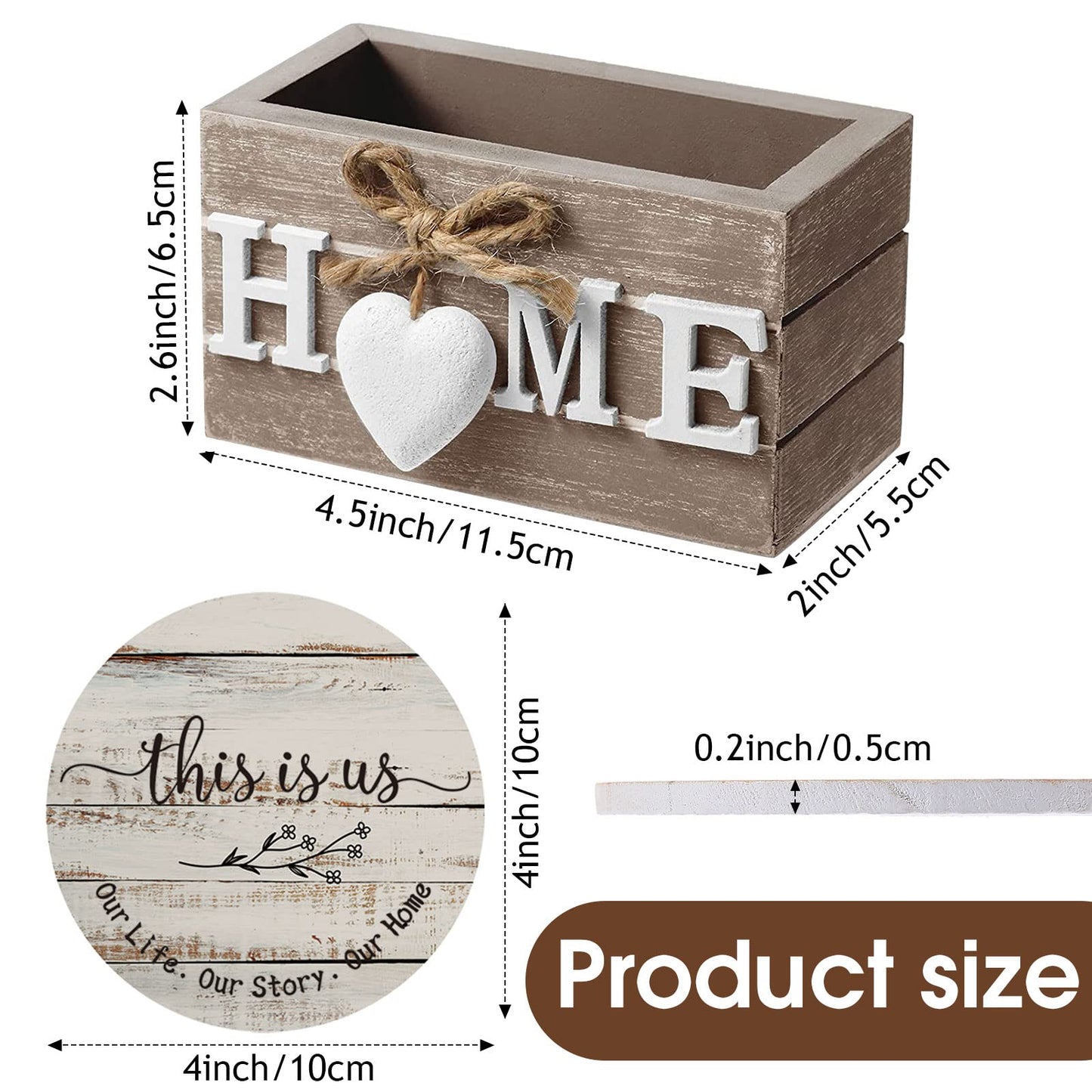 Queekay Housewarming Gifts for Home Decoration Wooden Heart Coasters for Drinks 6 Set Farmhouse Coasters with Holder Funny for Family Coffee Table Protection, 4''(Classic Farmhouse)