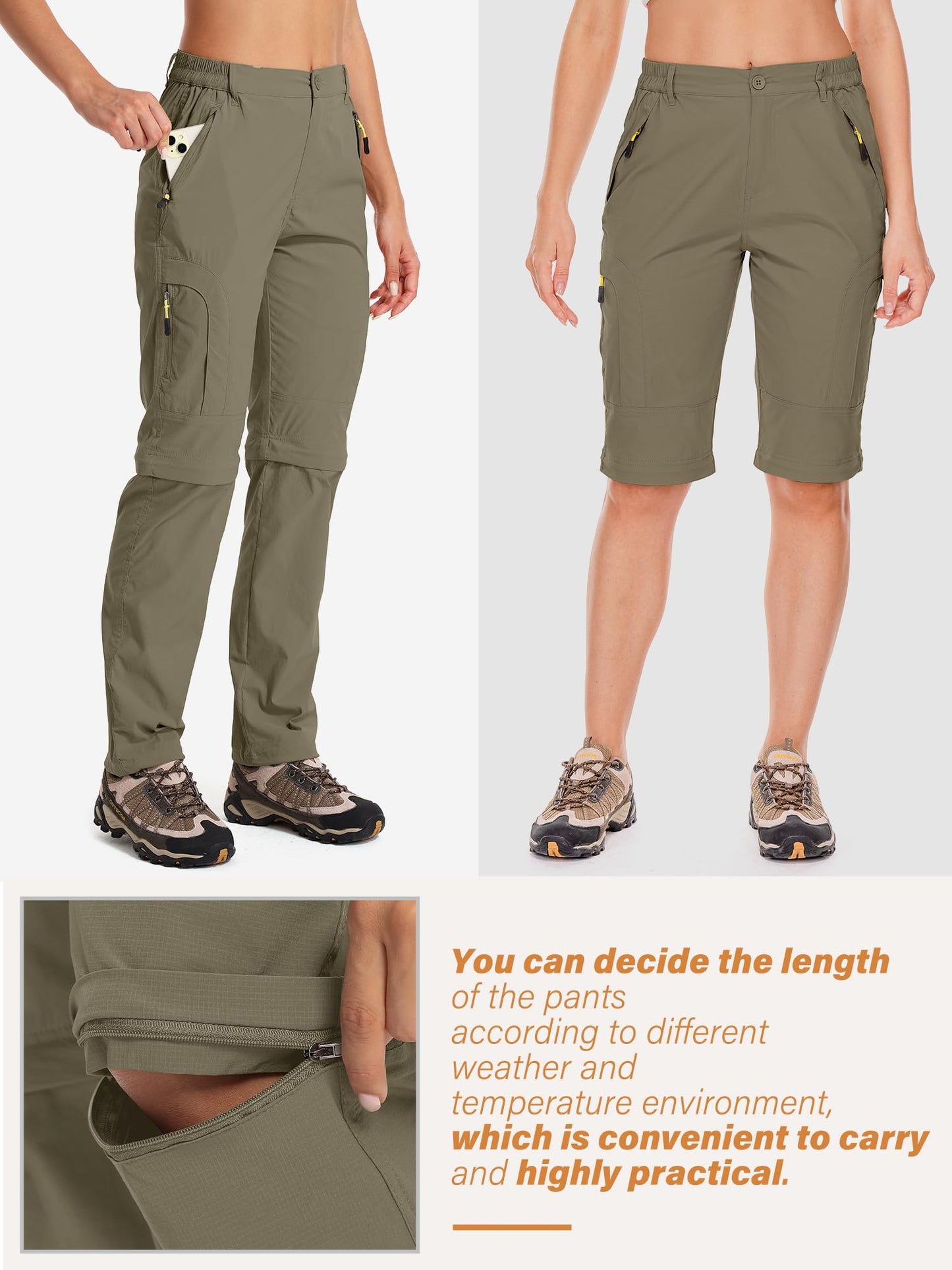 Hiking Pants Women Convertible Outdoor Lightweight Quick Drying Travel Zip Off Shorts Safari Pants, 4409,Khaki, 14