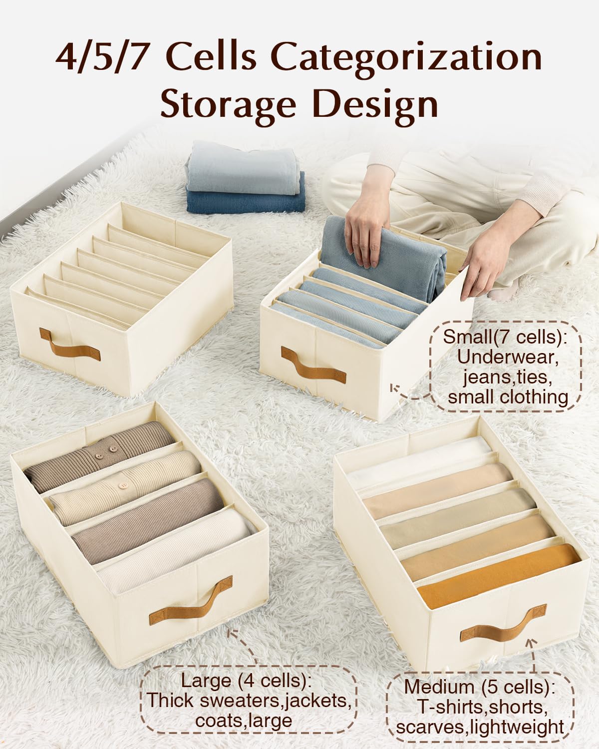 Homsorout Clothes Organizers and Storage - 4/5/7 Grids Fabric Jeans Organizer with Handles, Foldable Closet Organizers Dividers, Wardrobe organizer for Pant, Sweater, T-shirt, Scarf, 6 Pack, Beige