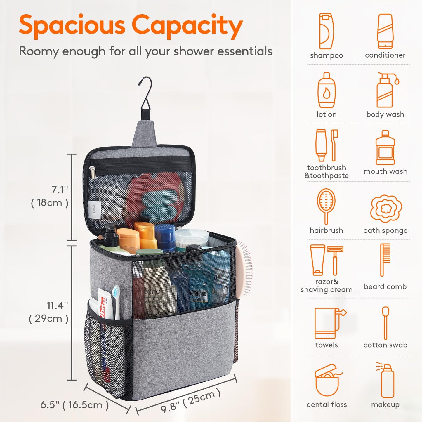 Lifewit Mesh Shower Caddy Bag Portable College Dorm Room Essentials Caddy Tote Basket for Bathroom, Gym, Travel, Camping Quick Dry Hanging Shower Organizer Toiletry Bag for Women Wen, Large, Gray