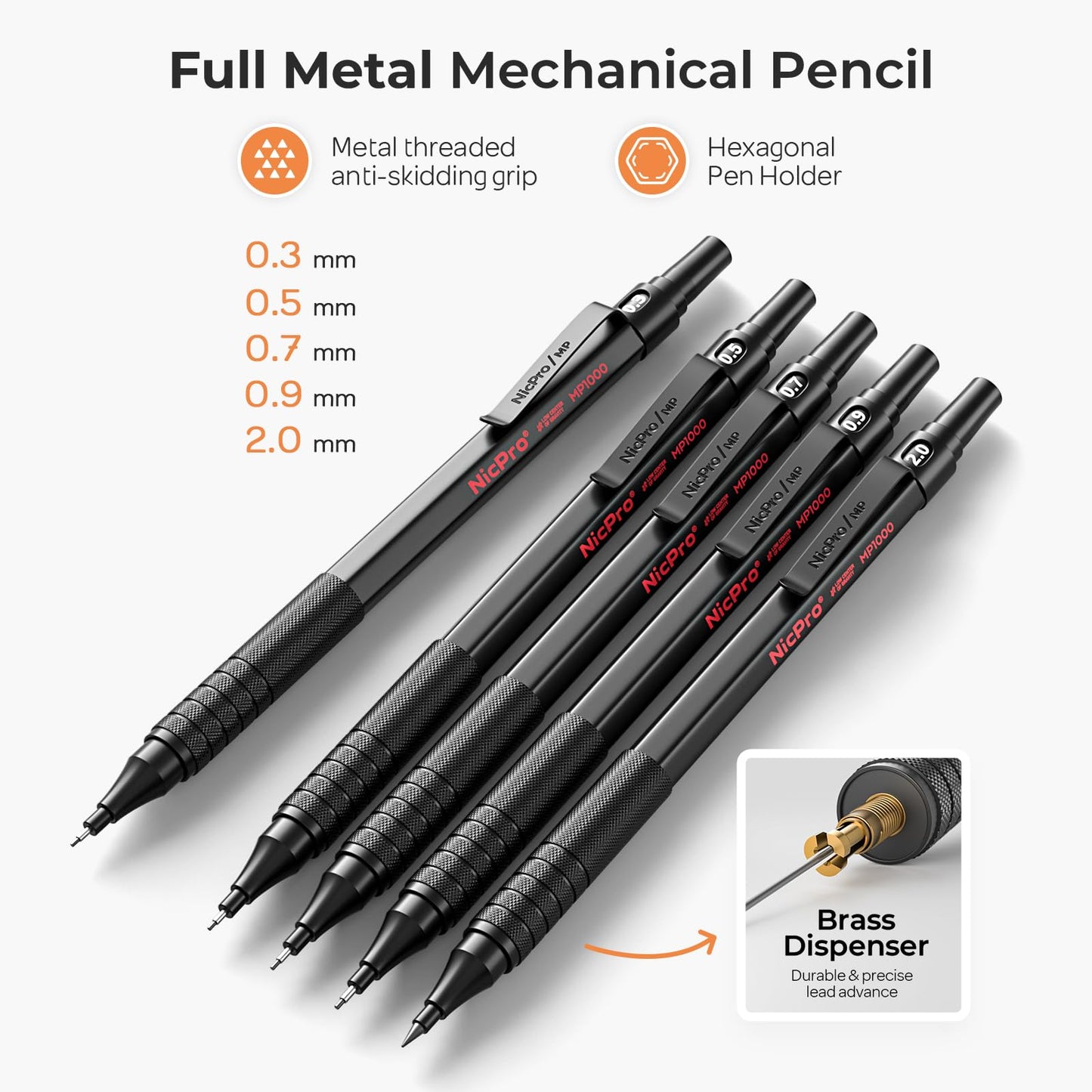 Nicpro Black Art Mechanical Pencil Set, 5PCS Metal Drafting Pencils 0.3, 0.5, 0.7, 0.9 mm & 2mm Graphite Lead Holder For Sketching Drawing With 9 Tubes (4B 2B HB 2H Colors) Lead Refills Erasers Case
