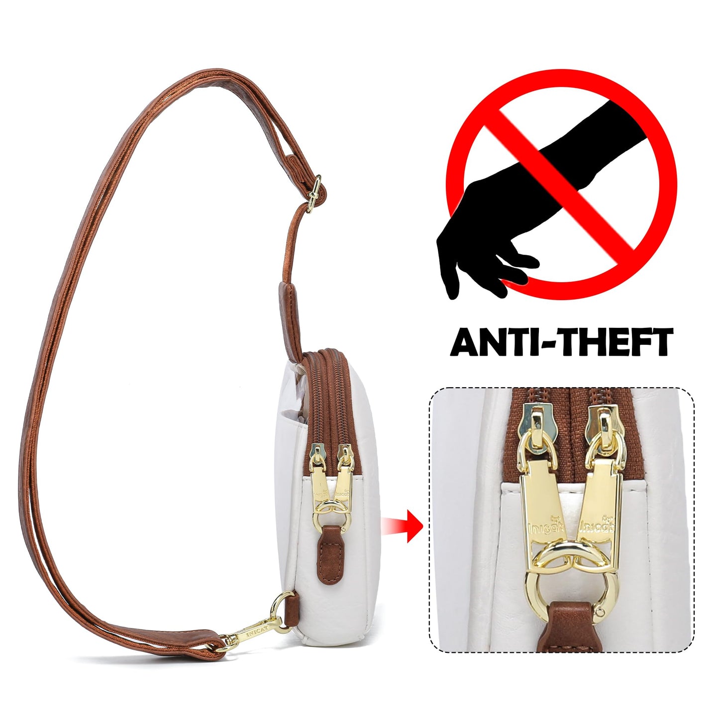 INICAT Sling Bag for Women Touchscreen Small Crossbody Cell Phone Purse Fanny Pack(White Brown Anti Theft Small)