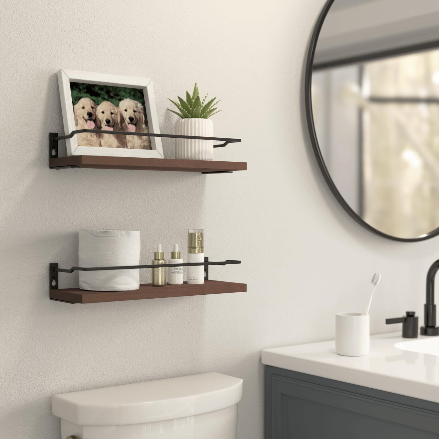 RICHER HOUSE Floating Shelves, Small Wall Shelf for Bathroom Decor, Rustic Wall Mounted Wood Shelves Set of 2, Bathroom Organizer Over Toilet Storage, Kitchen Shelf - Rustic Brown