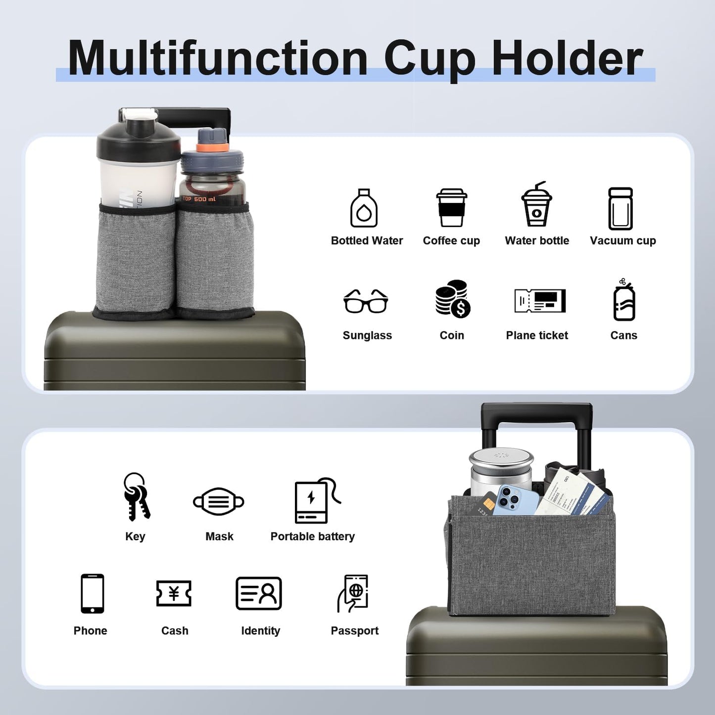 Luggage Cup Holder for Suitcases Free Hands, Travel Accessories, Luggage Cup Caddy Gifts, Beverage Holder, Universal Luggage Accessories for Flight Attendants, Business Travelers, Grey