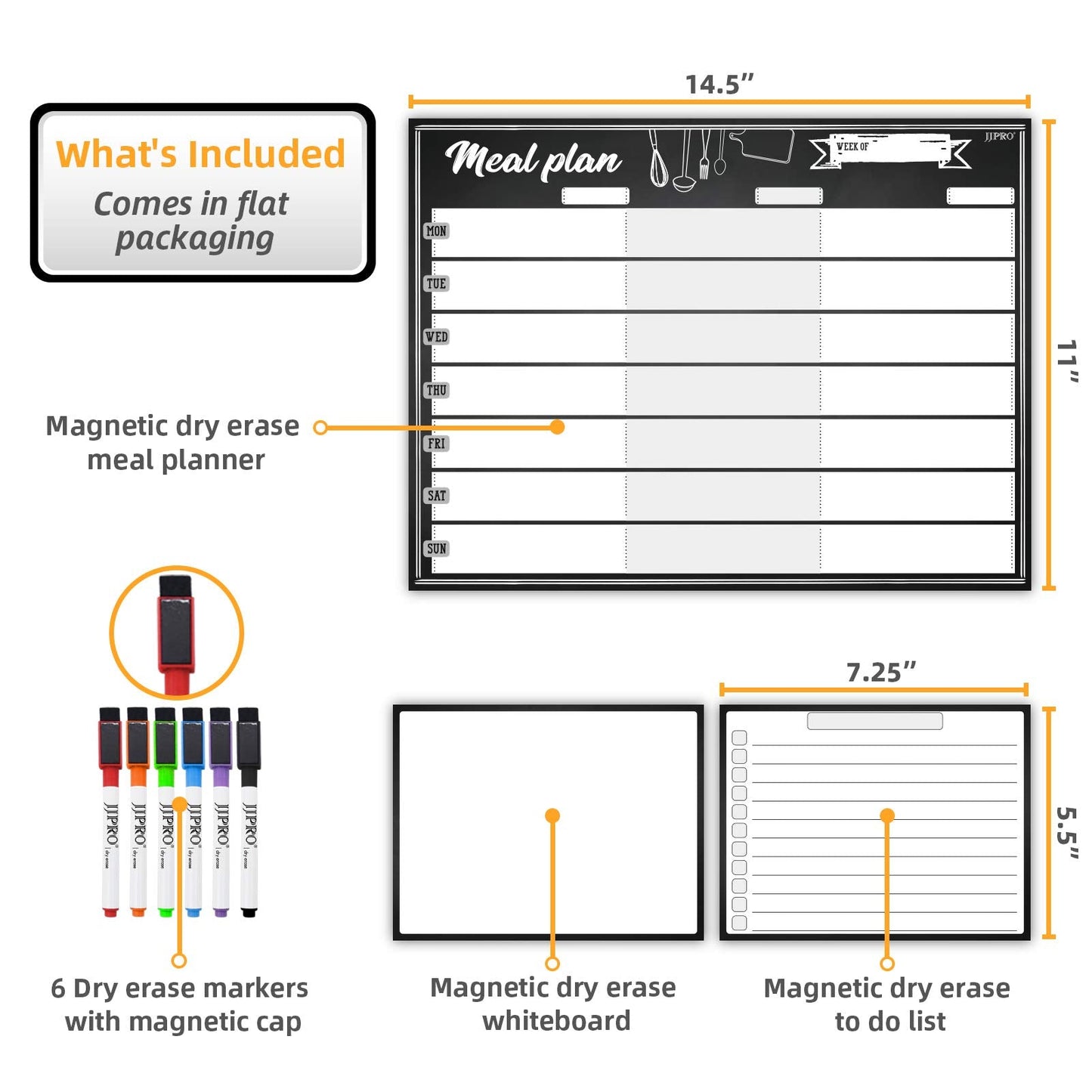 JJPRO Magnetic Dry Erase Meal Planning Whiteboard for Refrigerator-One 14.5x11 Weekly Menu Board and Two Notes Whiteboard for Kitchen Fridge-Refrigerator Organizer with Meal Planner Boards
