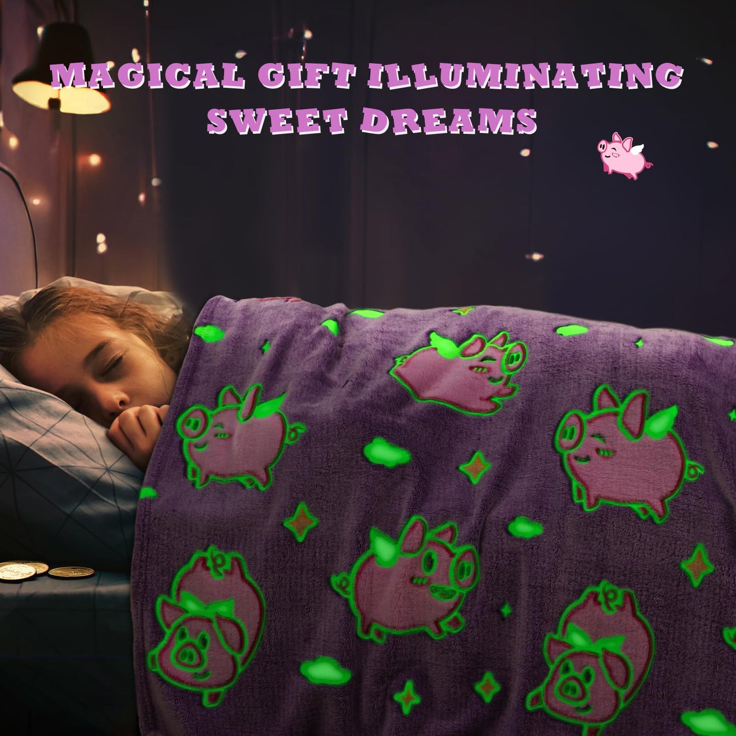 MIBOI Pig Gifts for Girls Glow in The Dark Pig Blanket for Kids Cute Pink Toy Animal Blanket Decor Birthday Christmas