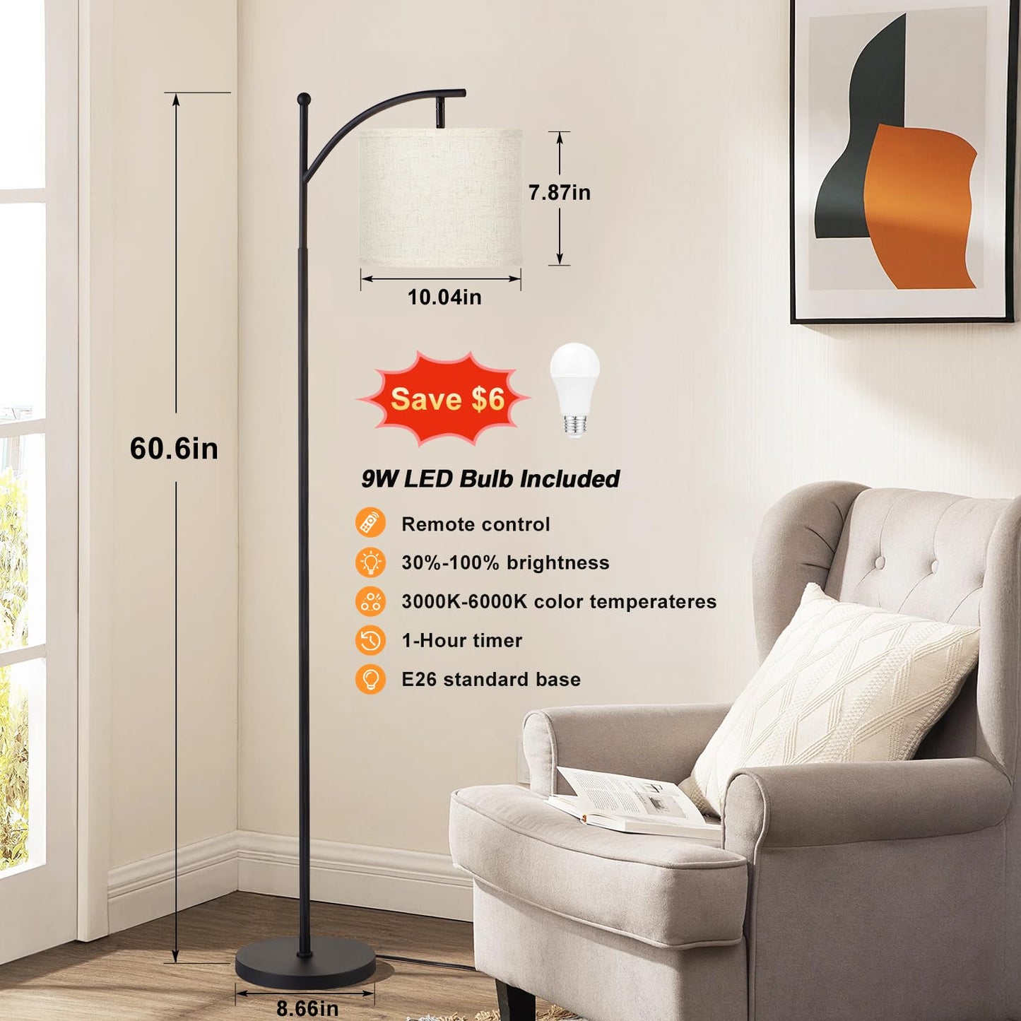 Ambimall 60" Floor Lamp with Remote Control and Stepless Dimmable Bulb, Colors Temperature & Brightness Adjustable, Modern Floor Lamps for Living Room(Beige Shade & Black Pole)