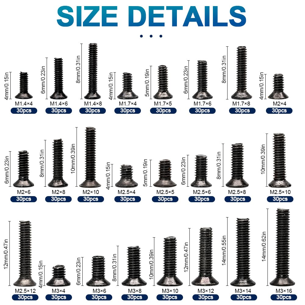 NINDEJIN 720pcs Laptop Notebook Computer Carbon Steel Screws Kit Set, Flat Head Phillips Screw Assortments, M1.4/1.7/2/2.5/3 Countersunk ssd Screws Accessories for SSD Toshiba DELL Sony Samsung