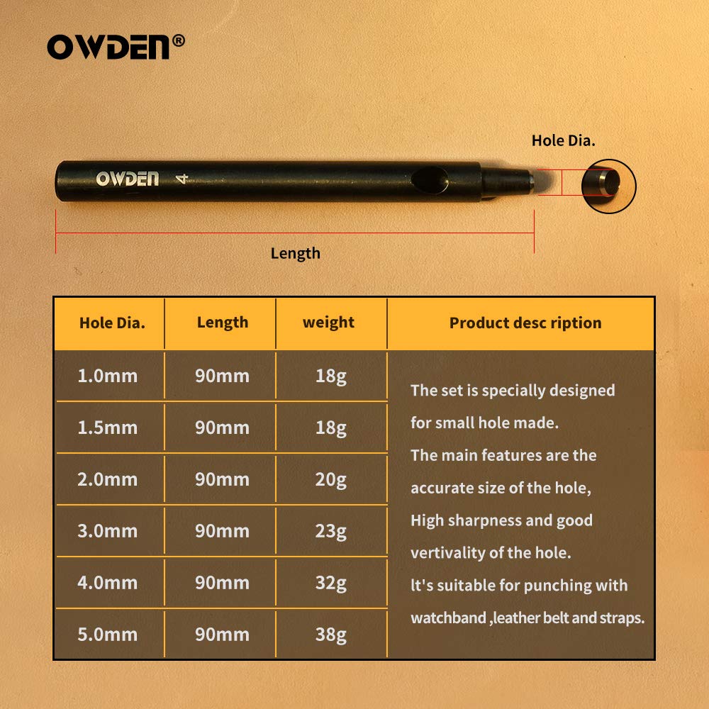 OWDEN Professional 6pc Leather Hollow Punch Set, Size 1.0-5.0mm, Black, Steel, Manual, 6 Holes, Free Mini Cutting Mat