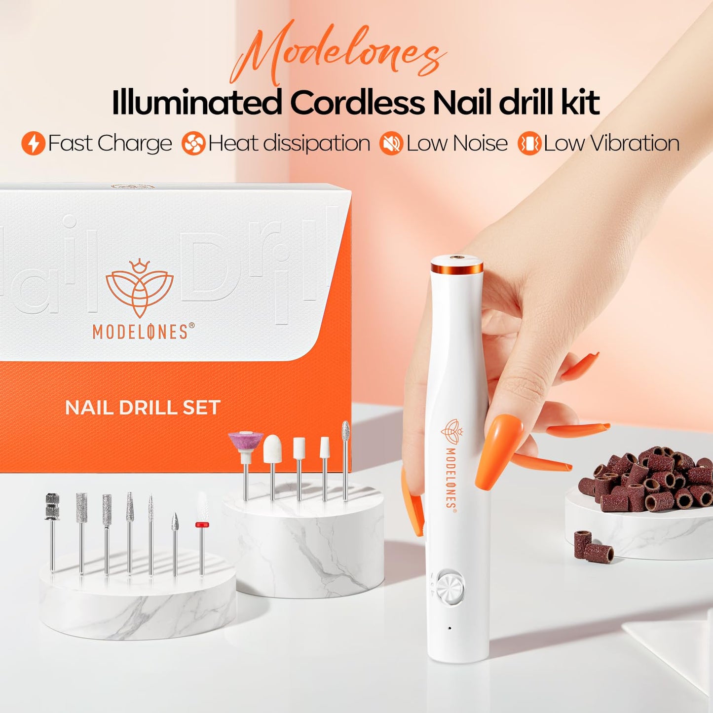 Modelones Electric Nail Drill, 14 Pcs Cordless Nail File with LED Light for Acrylic Gel Dip Powder Nails, Professional Nail Efile Kit with Nail Drill Bits & Sanding Bands for Quick Manicure Pedicure