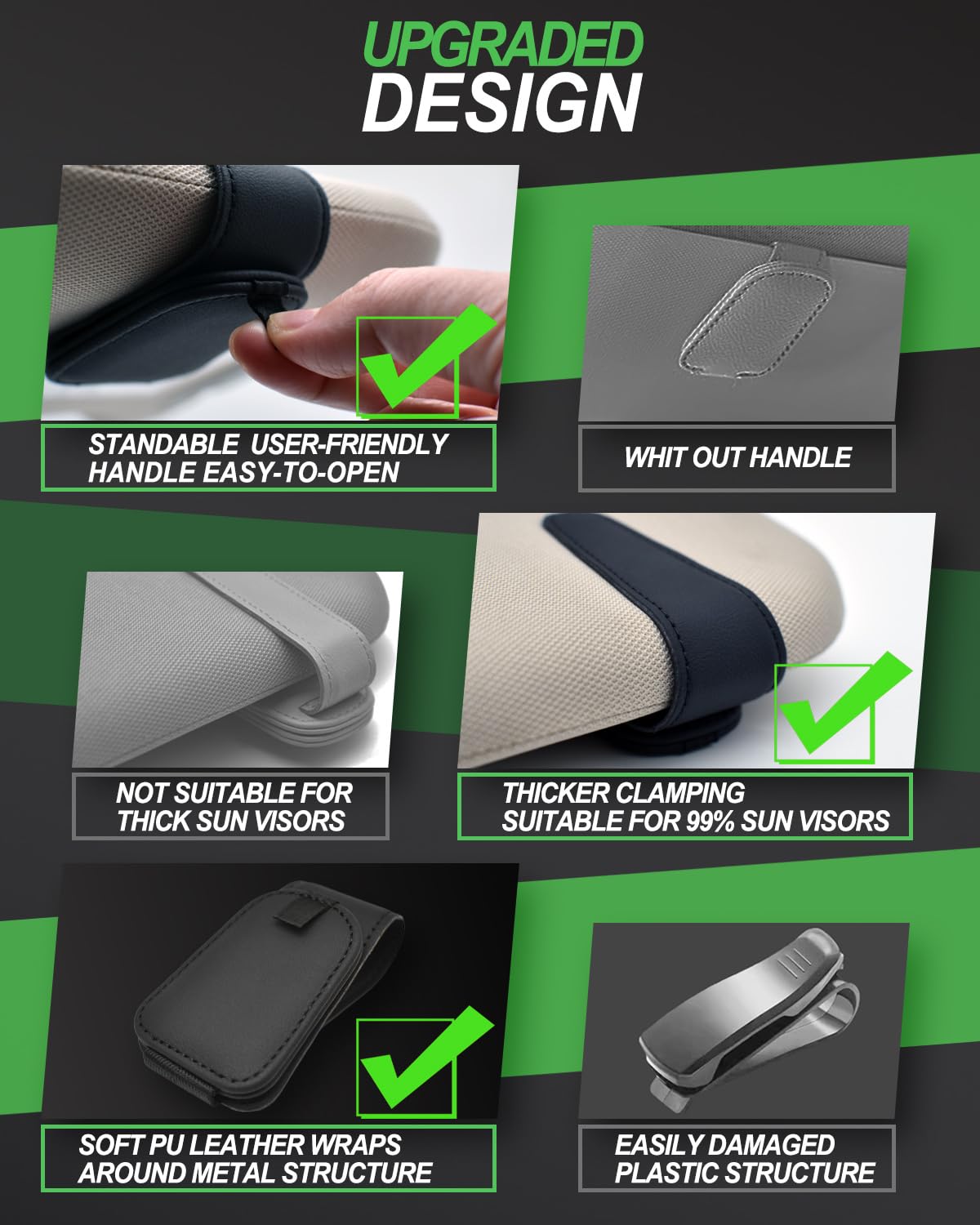 Teoenix Sunglass Holder for Car, 2 Pack Car Sunglass Holder Visor Clip Magnetic Leather Sun Glasses Eyeglass Hanger, Black, Fit for Different Size Eyeglasses