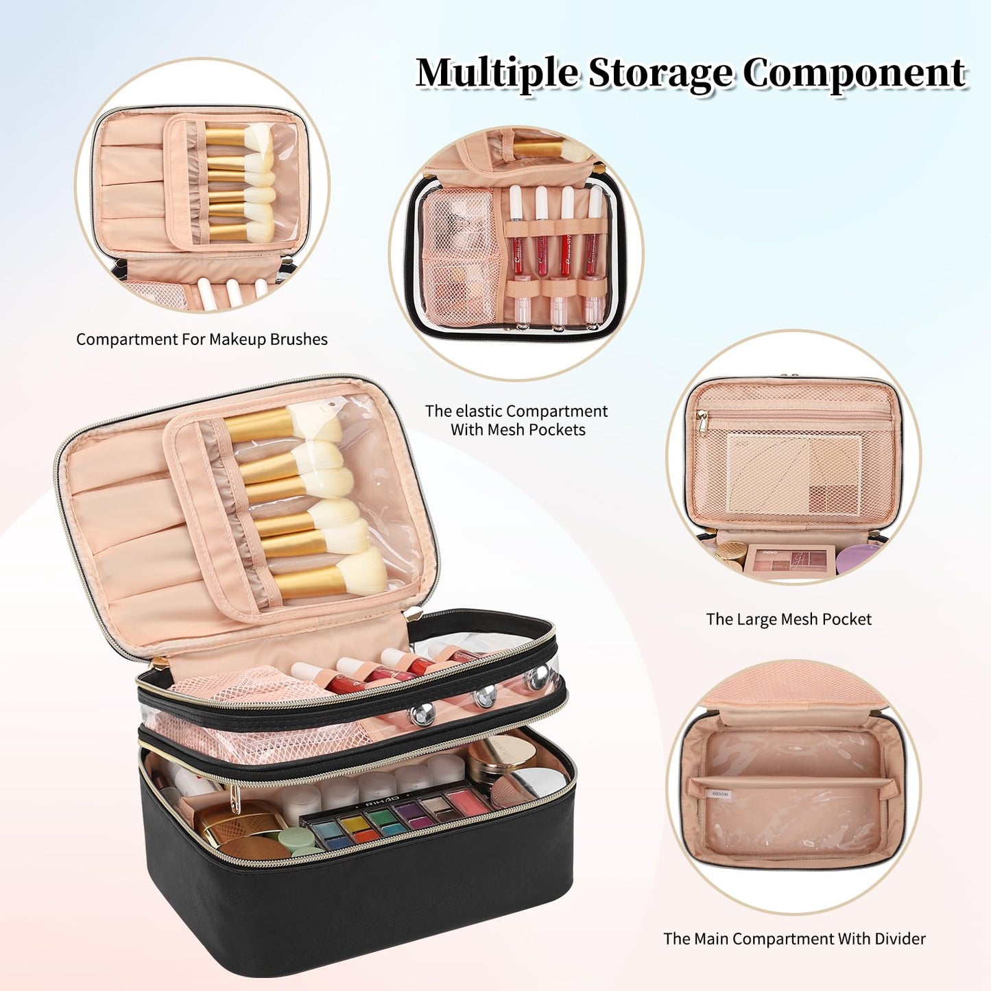 OCHEAL Makeup Bag, Double Layer Cosmetic Bag, Large Capacity Travel Makeup Organizer Bag, Make up Bags for Women and Girls Traveling Toiletry Bag With Handle and Divider-Black