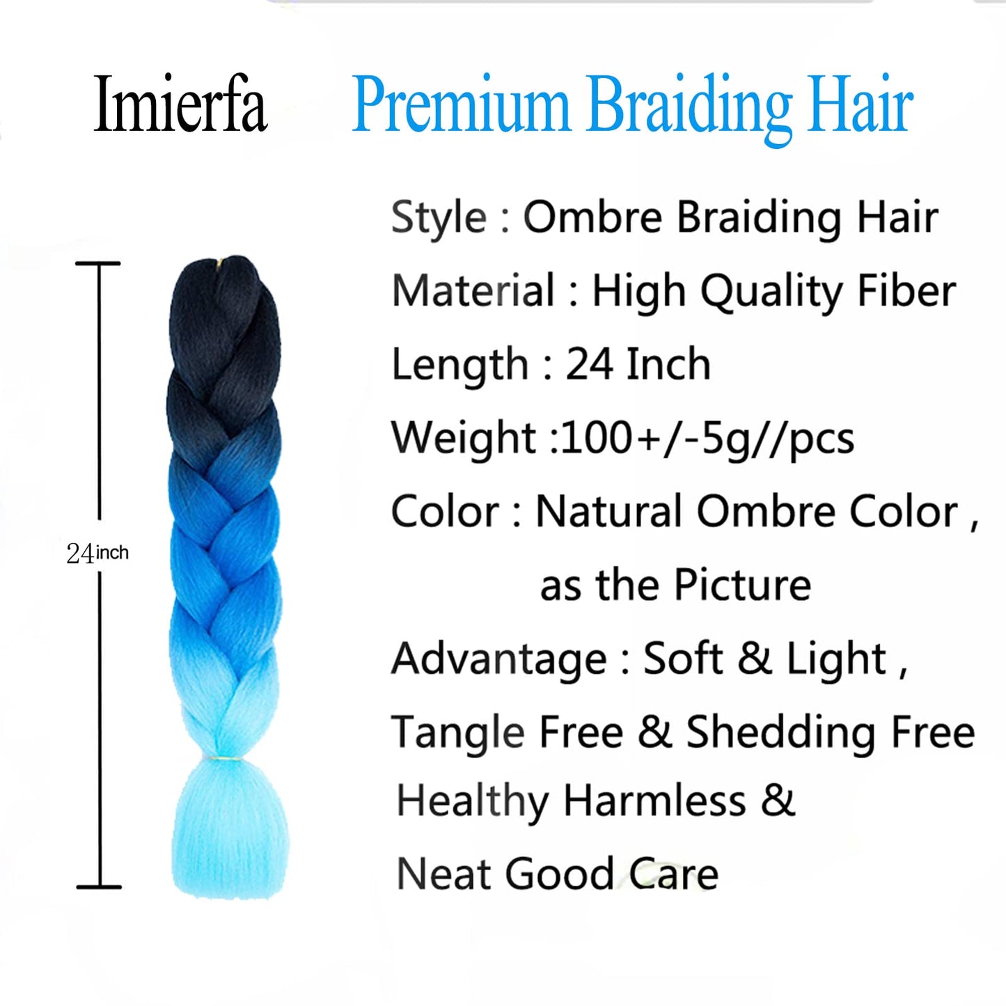 Ombre Braiding Hair Extensions High Temperature Synthetic Hair 3 Tone Color for Twist Braids Box Braids Crochet Hair (Black-Blue-Light Blue 24" 3PCS)