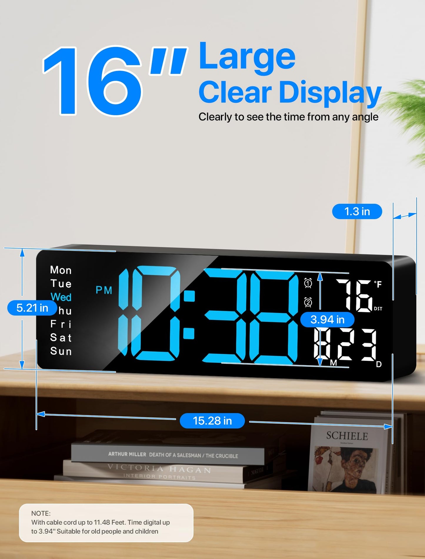 MASHI Digital Wall Clock, 16" Large Display Digital Clock with Remote Control, Auto-Dimming Wall Clock with Night Light, DST, Date Week,Temp for Living Room, Bedroom, Decor, Gift for Elderly
