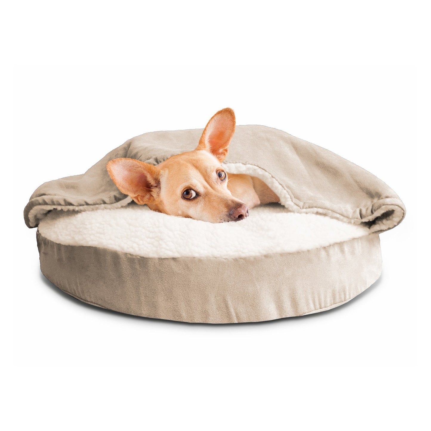 Furhaven 26" Round Orthopedic Dog Bed for Medium/Small Dogs w/ Removable Washable Cover, For Dogs Up to 30 lbs - Sherpa & Suede Snuggery - Blue, 26-inch