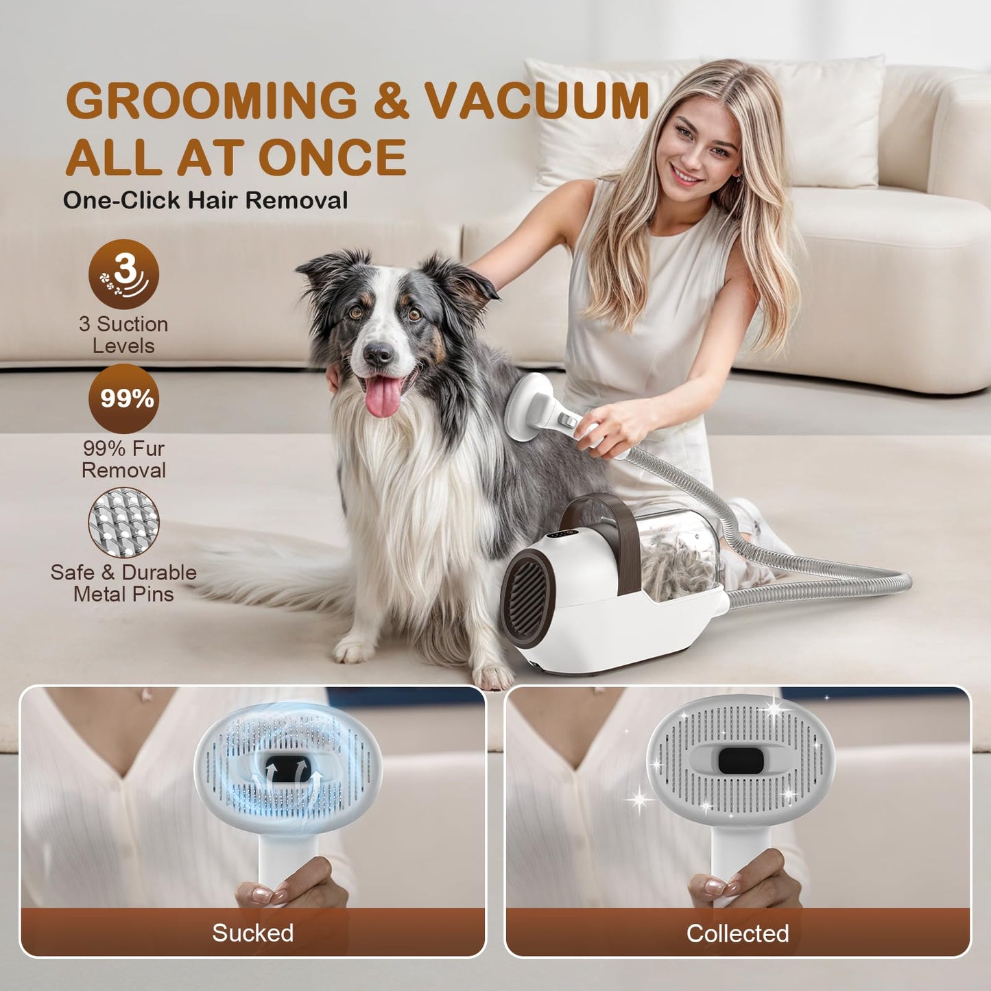 Ozumek Dog Grooming Vacuum, Dog Grooming Kit with Pet Clipper Nail Grinder, 3 Suction Modes Dog Brush Vacuum with 6 Pet Grooming Tools (Brown)
