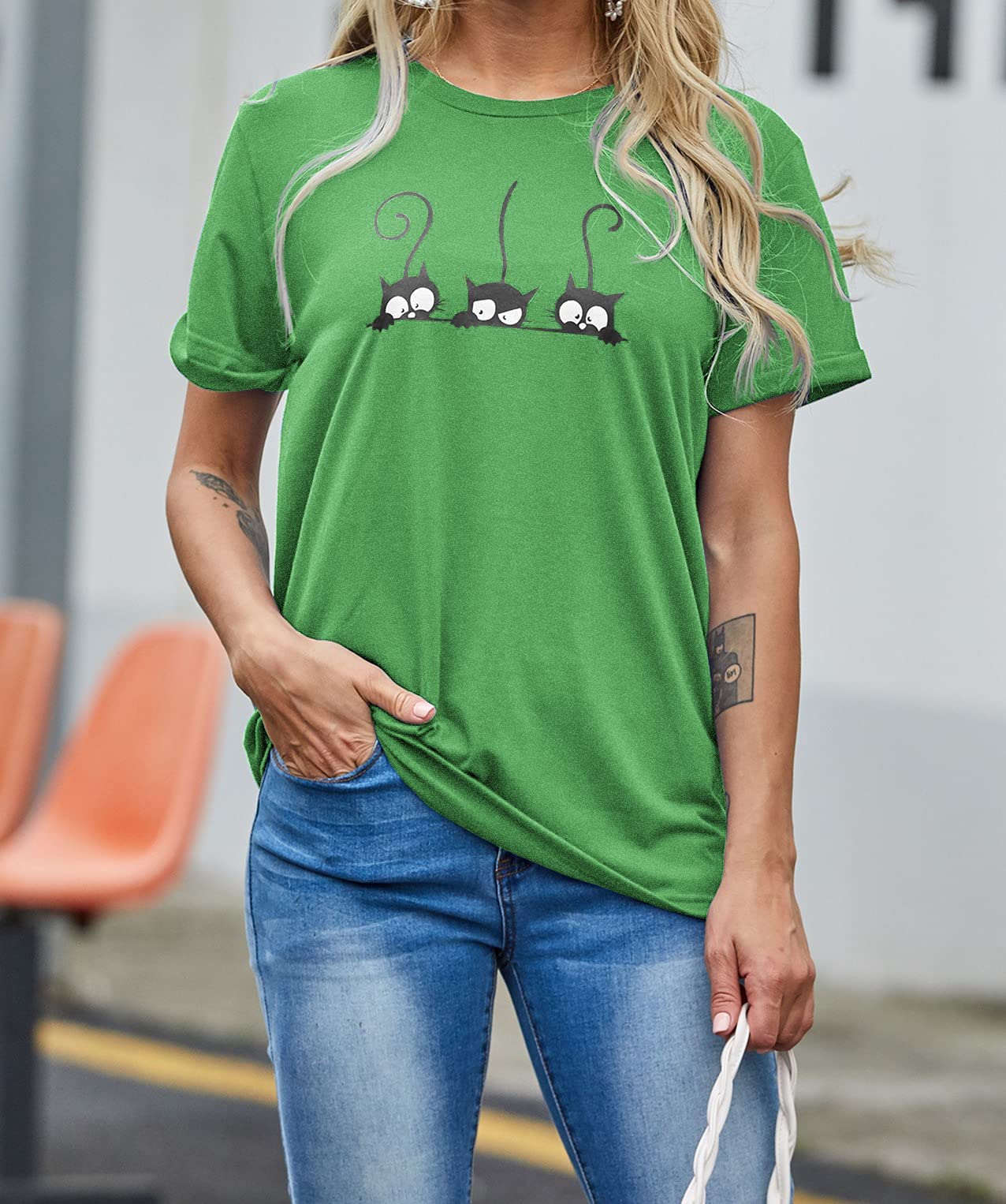 NIUBIA Women's Three Cats Printed Shirts New Novelty T-Shirts Cute Teen Girls Casual Tops