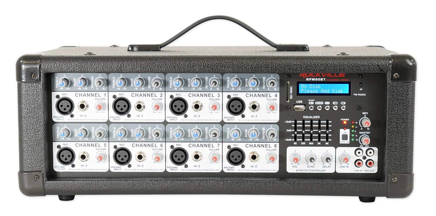 Rockville RPM80BT 2400W Powered 8 Channel Mixer/Amplifier, Bluetooth, EQ, Reverb/Delay, USB, Phantom Power, for Live Sound and Studio Use