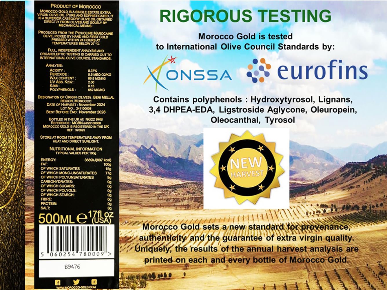 Morocco Gold New Harvest Extra Virgin Olive Oil Early Harvest – Cold Pressed – Polyphenol Rich 652mg/kg EVOO Fresh Harvest Pure and Natural. 500ml/17 Fl Oz