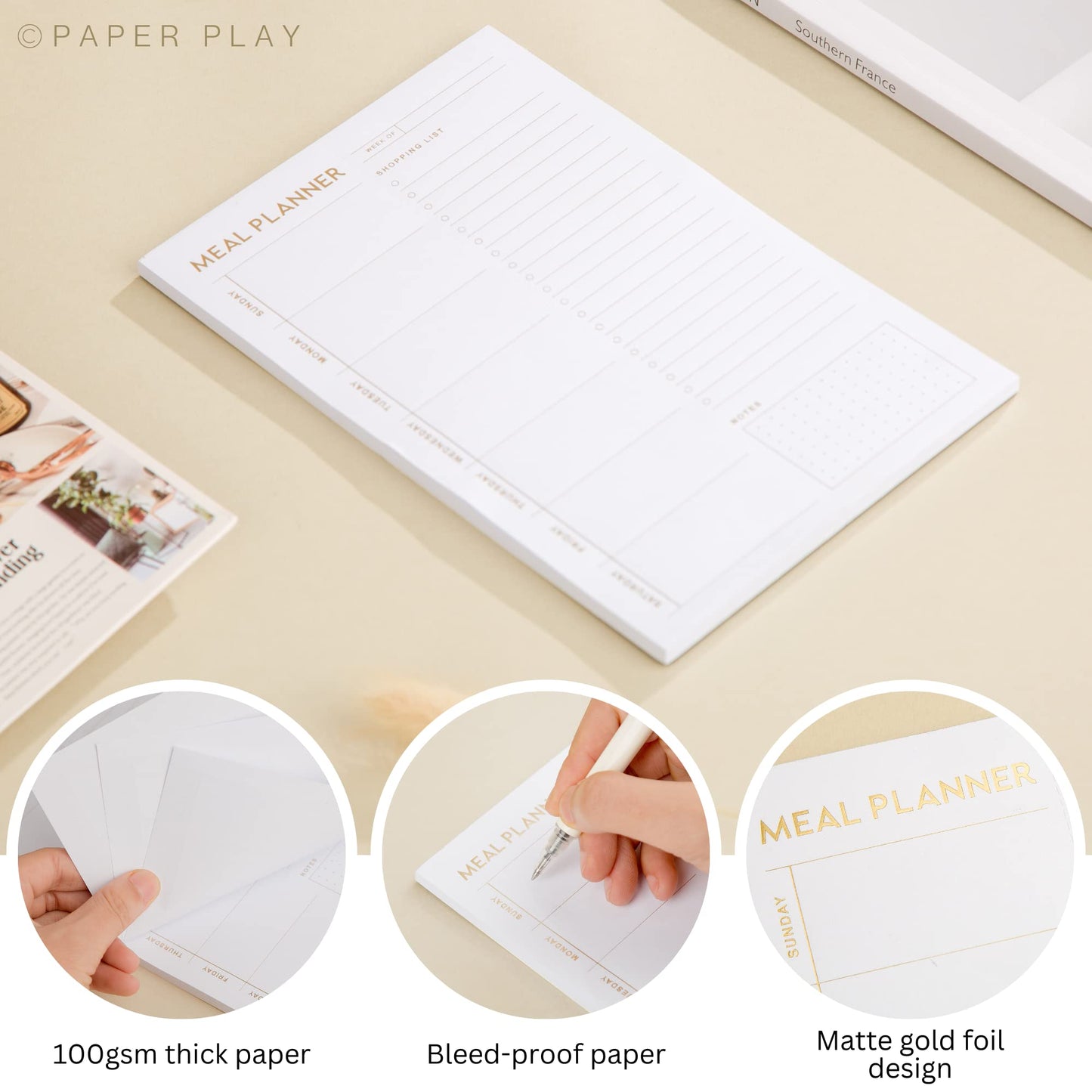 Matte Gold Foil Magnetic Meal Planning Pad for Fridge 52 Undated Tear-off Sheets, 6x9 Inch Meal Planner & Grocery List with Magnet, Weekly Meal Planner with Tear Off Shopping List