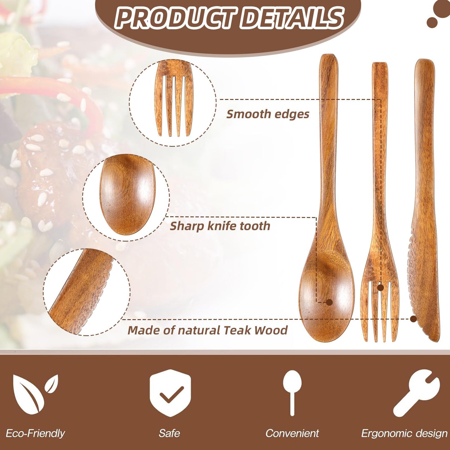Geiserailie 12 Pcs Wooden Utensils for Eating Wooden Spoon Fork Knife Cutlery Set Kitchen Wood Dinner Flatware Tableware Set Includes Spoon, Fork, Knife (Teak Wood)