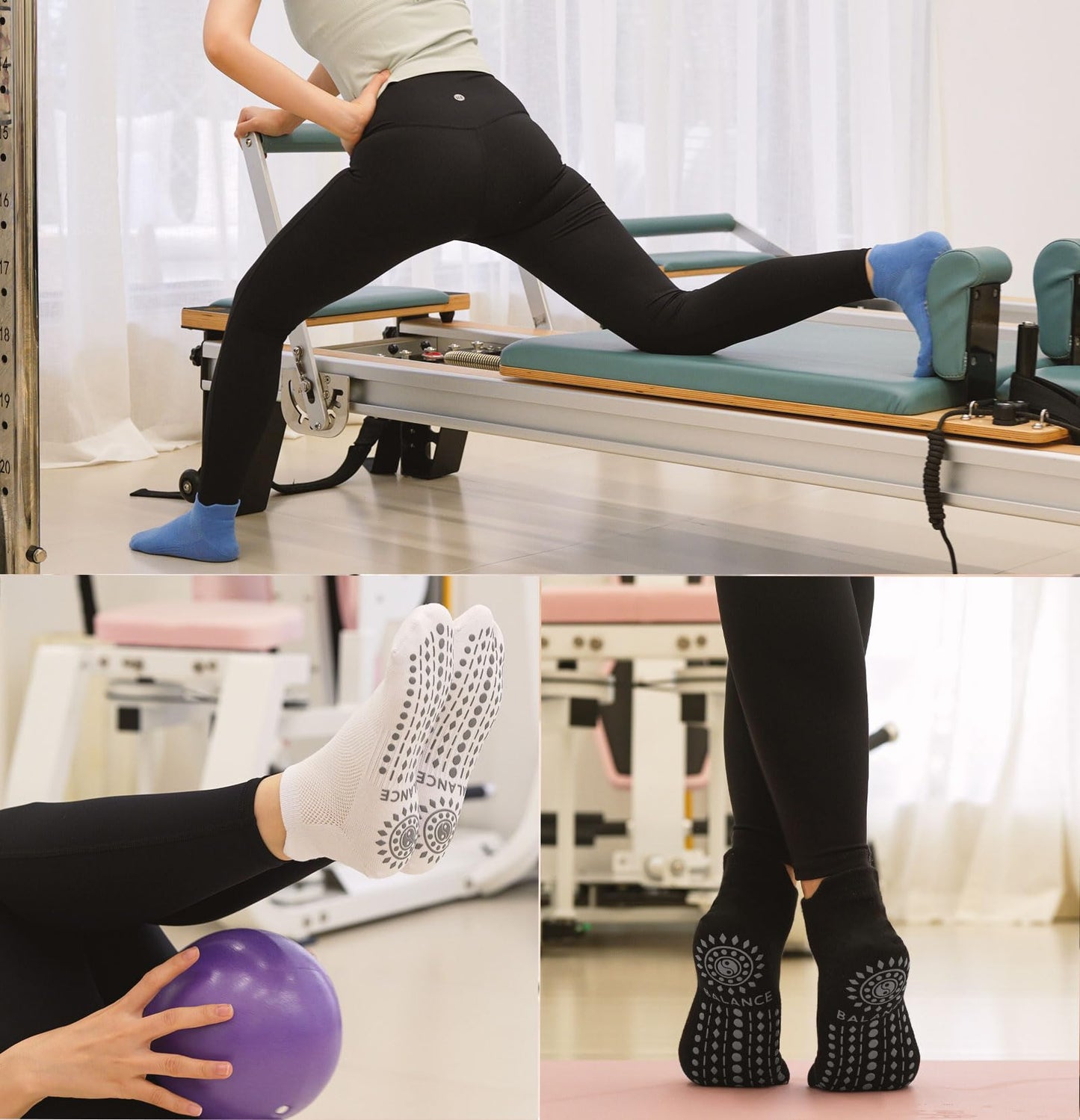Grip Pilates Socks Ankle for Women, Yoga Non Slip Socks for Barre Workout Gym Hospital Sticky Slipper Socks 3 Pairs