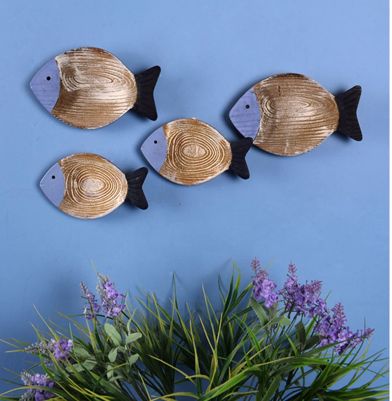 OECECR 2Pcs Wood Fish Nautical Beach Wall Decor, Wooden Hanging Coastal Wall Art Decor for Home, Lake House, Ocean Bathroom Decor - Blue