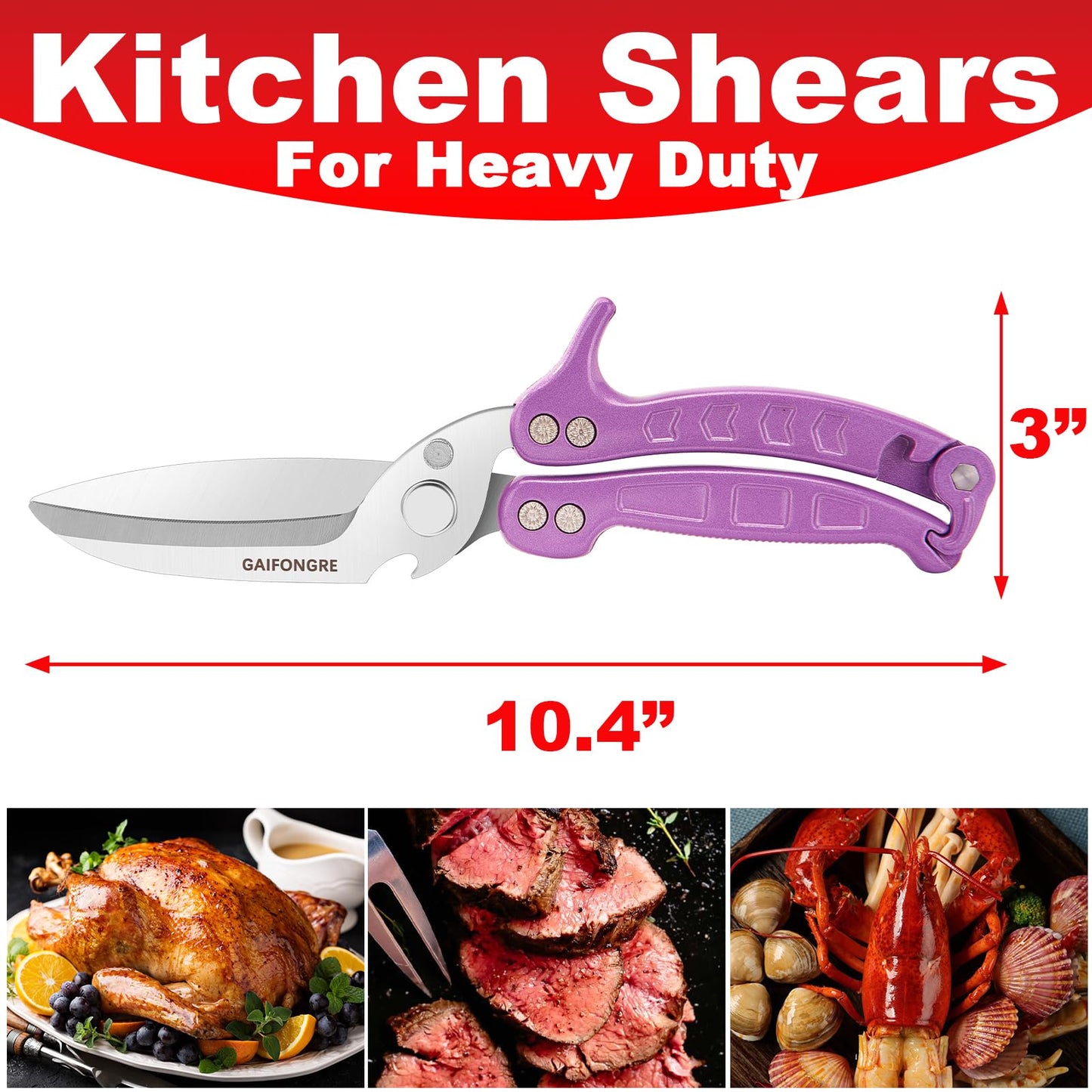 Heavy Duty Poultry Shears,Kitchen Shears for food Heavy Duty,Kitchen Scissors All Purpose,Rigid,Chicken,Fish,Meat,Easily Separable for Thorough Cleaning,Dishwasher Safe(PURPLE)