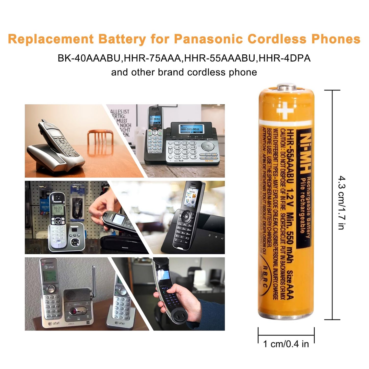 pingju NI-MH AAA Rechargeable Battery 1.2V 550mah 4-Pack hhr-55aaabu AAA Batteries for Panasonic Cordless Phones, Remote Controls, Electronics