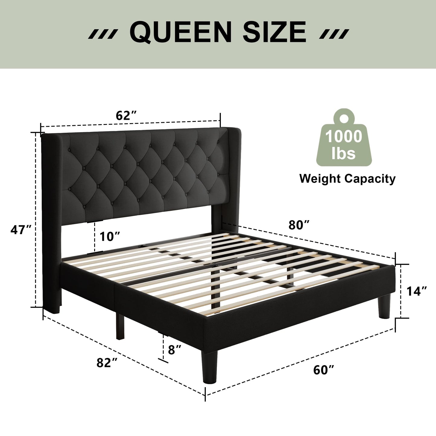 Feonase Queen Bed Frame with Upholstered Wingback Headboard, Platform Bed and Heavy Duty Wooden Slats Support, Easy Assembly, Noise-Free, No Box Spring Needed, Black