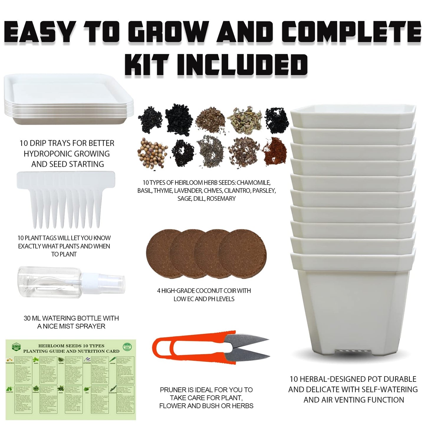 Meekear 10 Herb Seeds Garden Starter Grow Kit with White Pots, Markers, Nutritional Soil, Watering, Herb Clipper, Complete Indoor Potted Plant Growing Set for Kitchen DIY