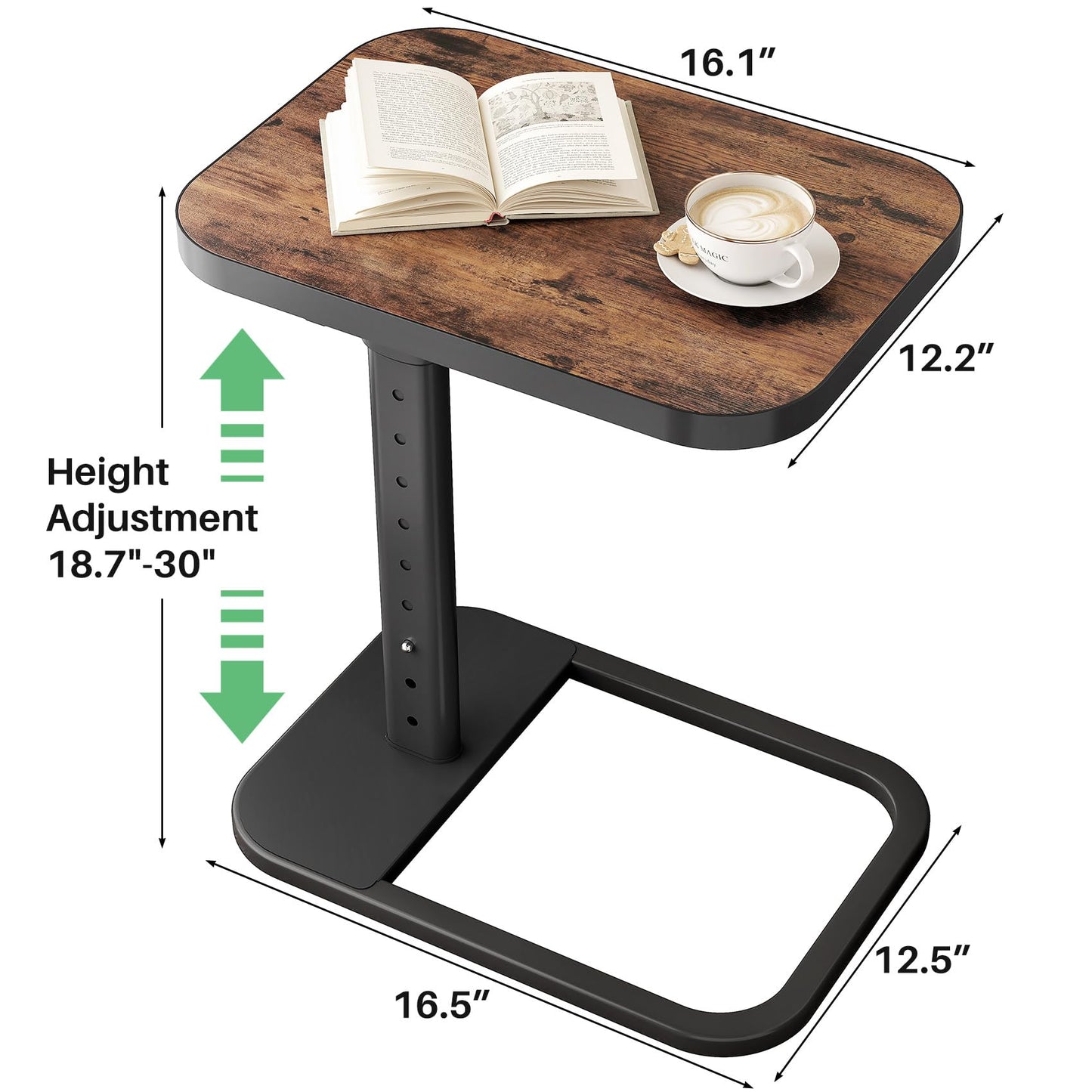 Kitstorack TV Tray Table, Adjustable Height & Flip-Top & Rounded Metal Corners, Snack Table for Couch, Sofa, Bed, Chair, Living Room, C Shaped End Side Table for Eating, Dinner or Laptop, Small Spaces