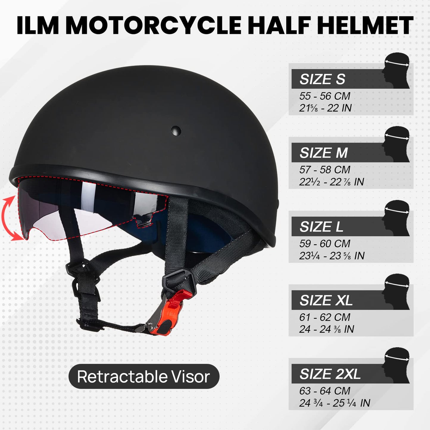 ILM Motorcycle Half Helmet with Sunshield Quick Release Strap Half Face Fit for Cruiser Scooter DOT Approved 883V (Matte Black, Large)