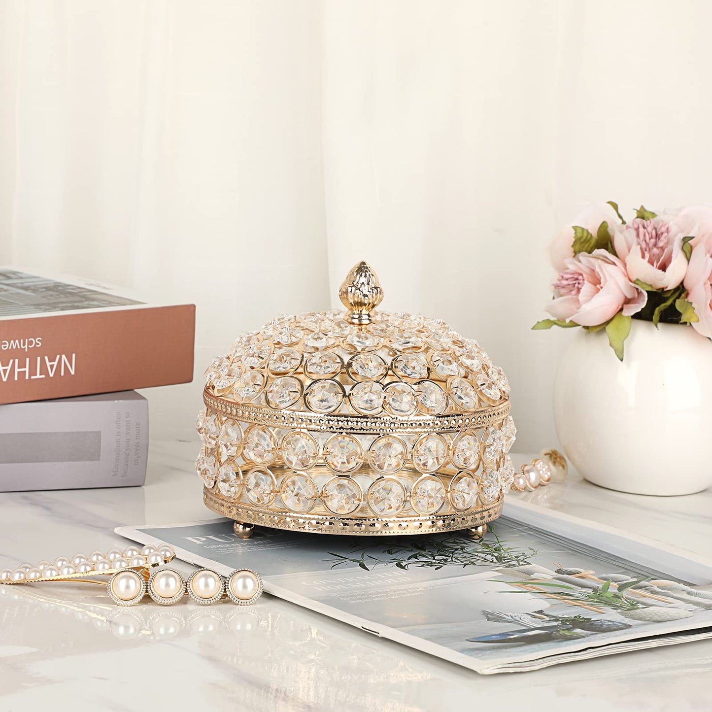 Hipiwe Crystal Jewelry Box Jewelry Trinket Organizer Box Gold Treasure Box Luxury Home Decor Ring Earrings Storage Holder Keepsake Box for Women,X-Large