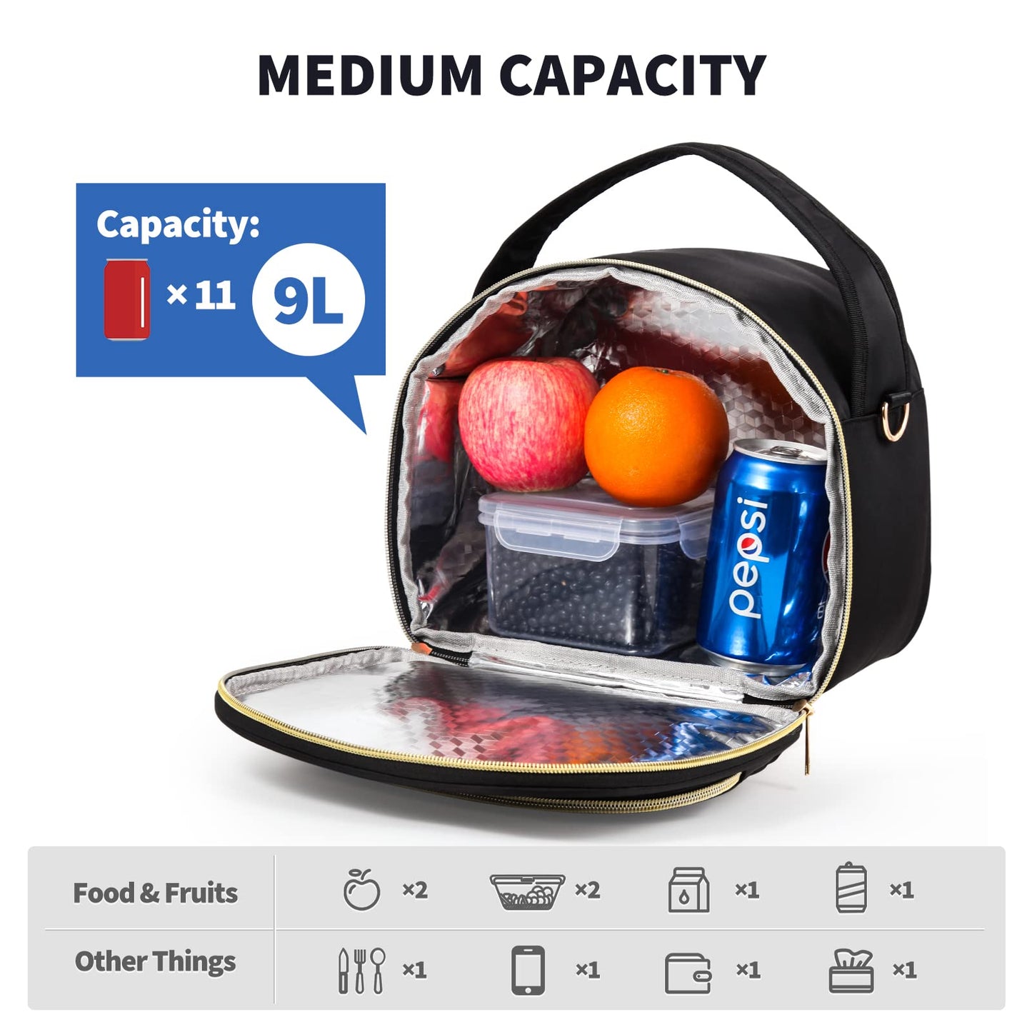 LLEGASTE Black Cute Insulated Lunch Tote Bag for Women Work,Reusable Adult Lunch Box for Women, Stylish Wide Open Cooler Bag for Work(Black)