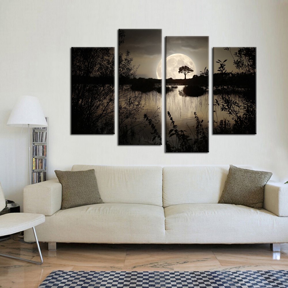 KREATIVE ARTS - 4 Pieces Canvas Prints Wall Art Big Moon over Lake in Dark Forest Modern Canvas Painting Landscape Picture Peaceful Jungle Poster Giclee Artwork For Home Decor