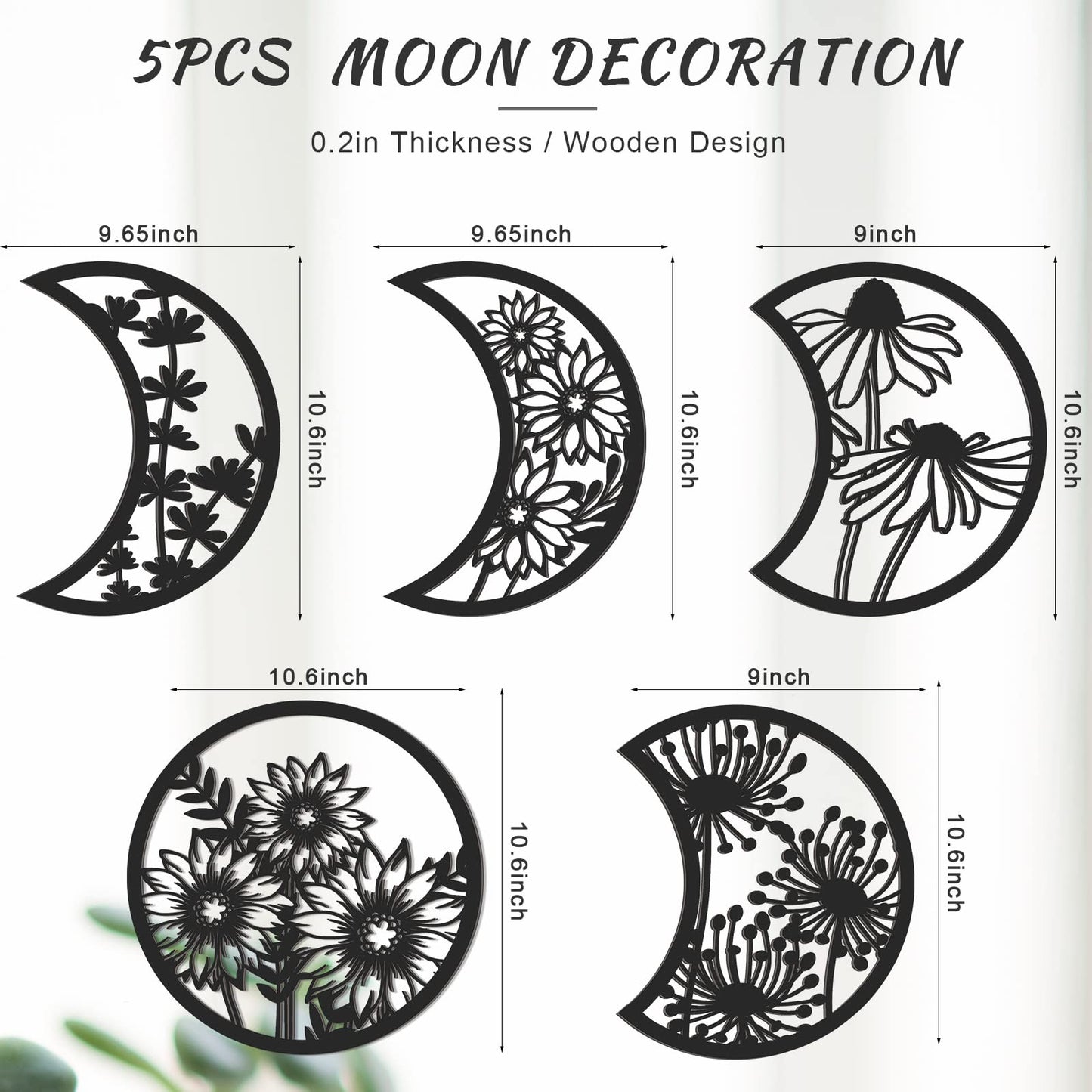 Jetec 5 Pcs Moon Phase Wall Hanging Decor Art Above Bed Boho Moon Phase Nordic Wood Wall Pediment Ornament for Living Room Bedroom Home Decoration Room Apartment Bar(Black)