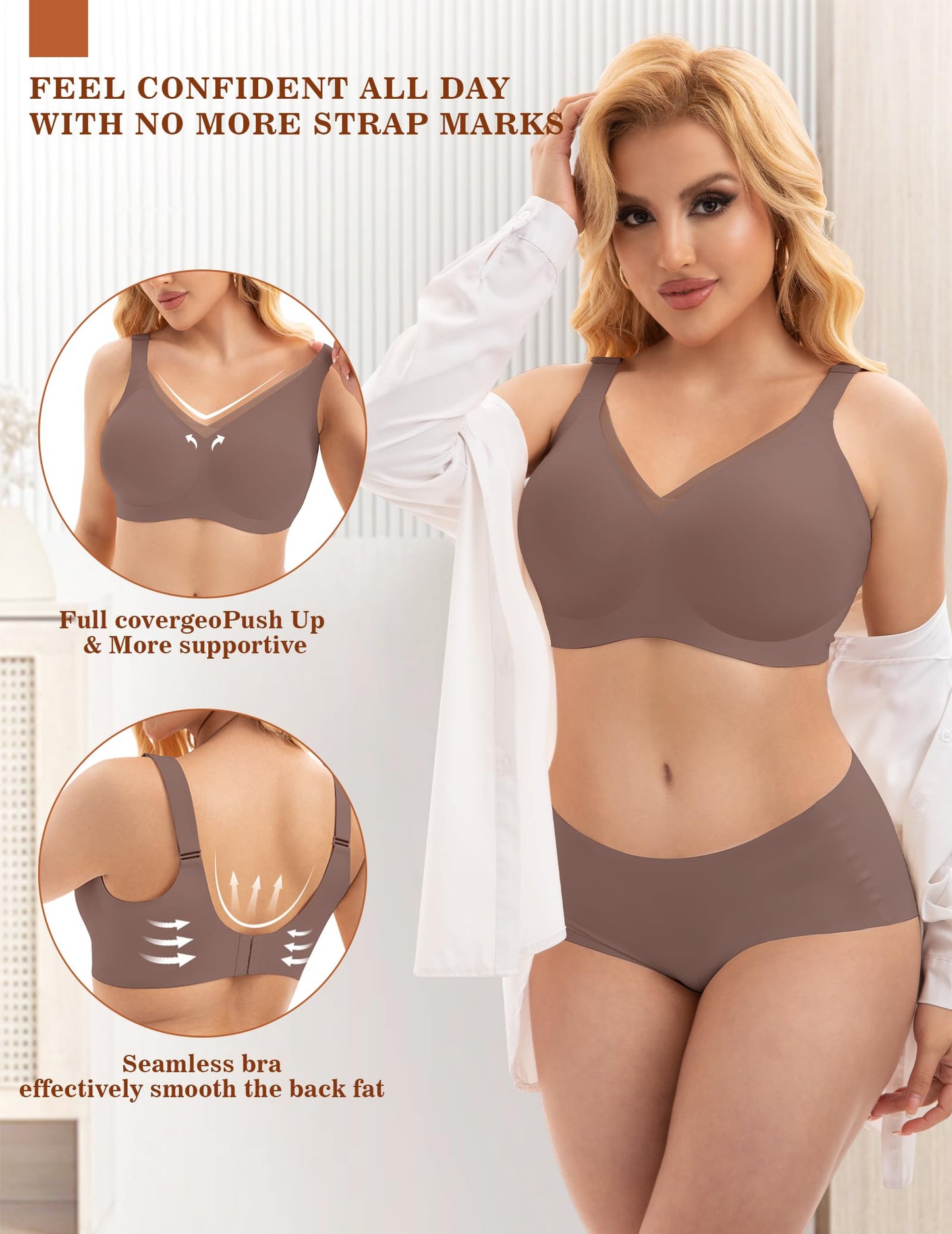 PoseFree Womens Wireless Bras Supportive Tshirt Bra No Underwire Seamless Push Up V Mesh Comfortable Bralette Everyday Bras Coffee XL