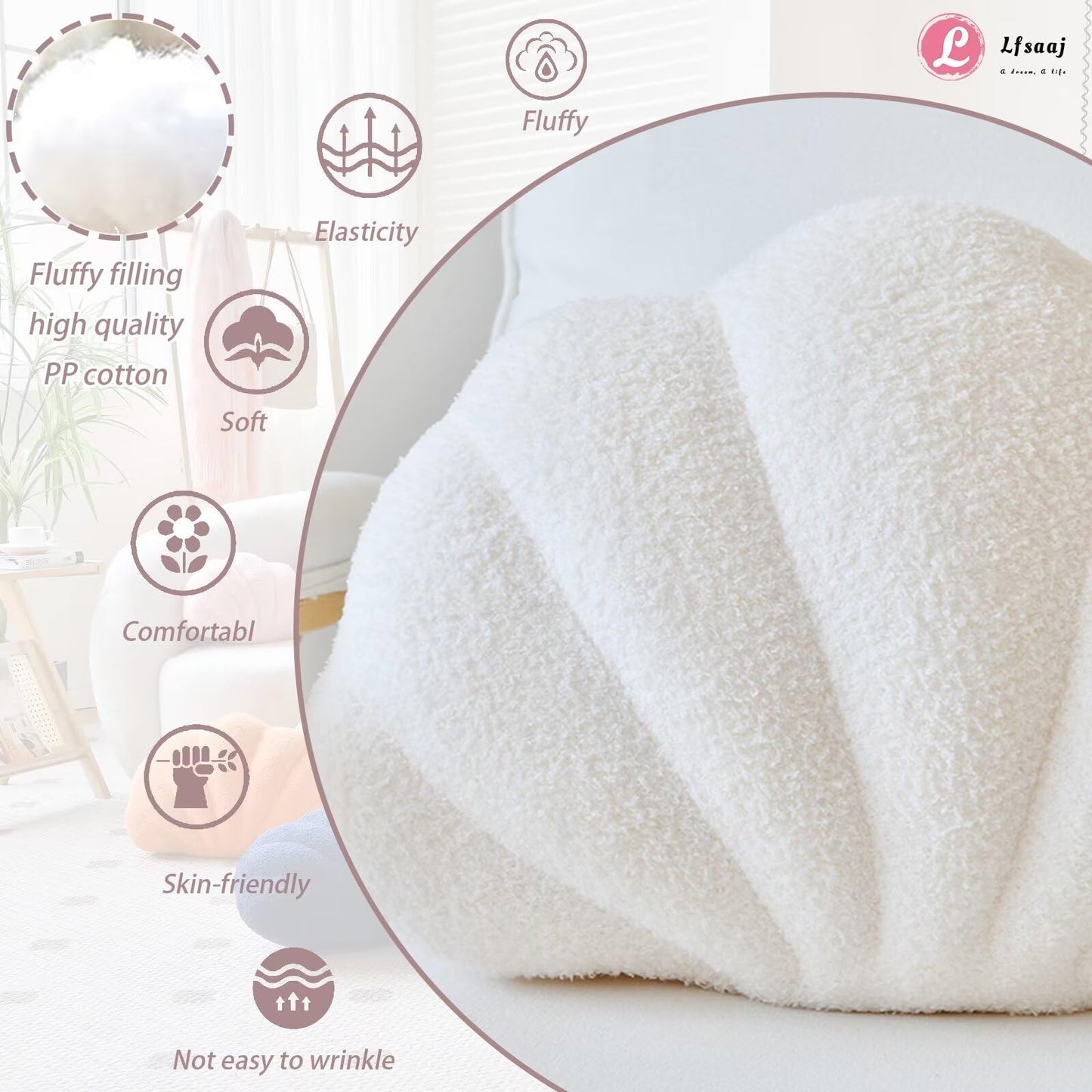 Lfsaaj Ivory Seashell Throw Pillows, Shell Shaped Throw Pillows, 13 Inch Soft Home Decorative Pillow Plush Cushion for Bed Couch Living Sofa Room Decor Accent Throw Pillow