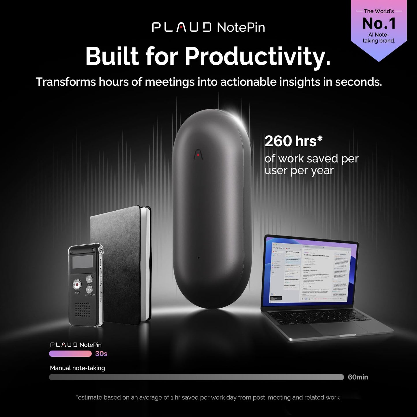 PLAUD NotePin Voice Recorder, AI Voice Recorder, App Control, AI Notetaker, AI Transcribe & Summarize, Support 112 Languages, 64GB Memory, Audio Recorder for Lectures, Meetings, Cosmic Gray