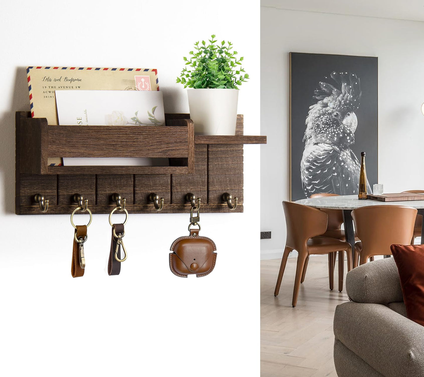 RelaxScene Key Holder Wall Mount - Decorative Key Rack and Mail Organizer with 6 Key Hooks - Wooden Key Hanger with Shelf for Living Room Decor - Rustic Farmhouse Home Entryway Aesthetic Essentials