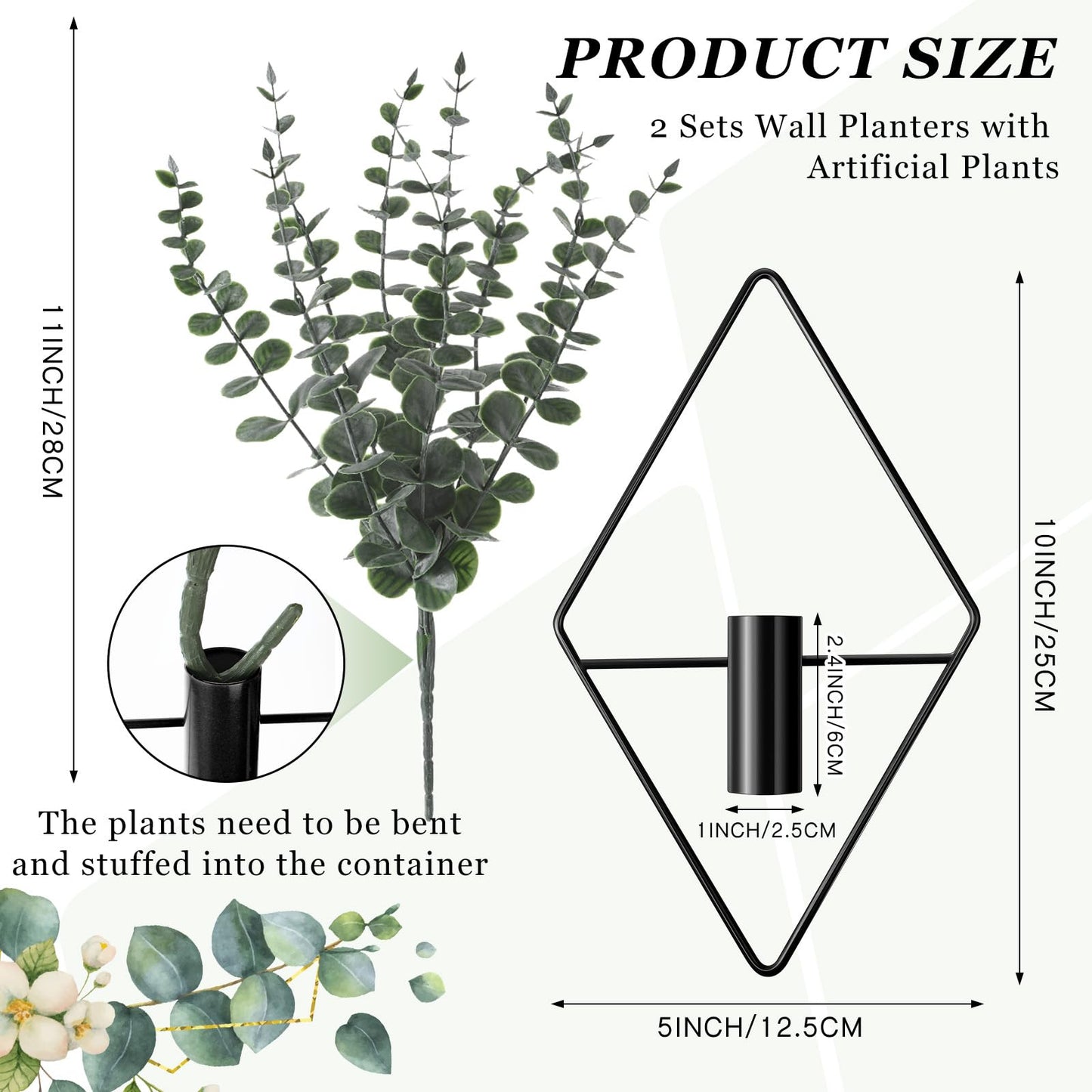 Jexine Hanging Planters with Artificial Eucalyptus Metal Hanging Vase Indoor Plants Holder Modern Geometric Boho Bathroom Wall Decor for Living Room Home Office (Black,4 Pcs)
