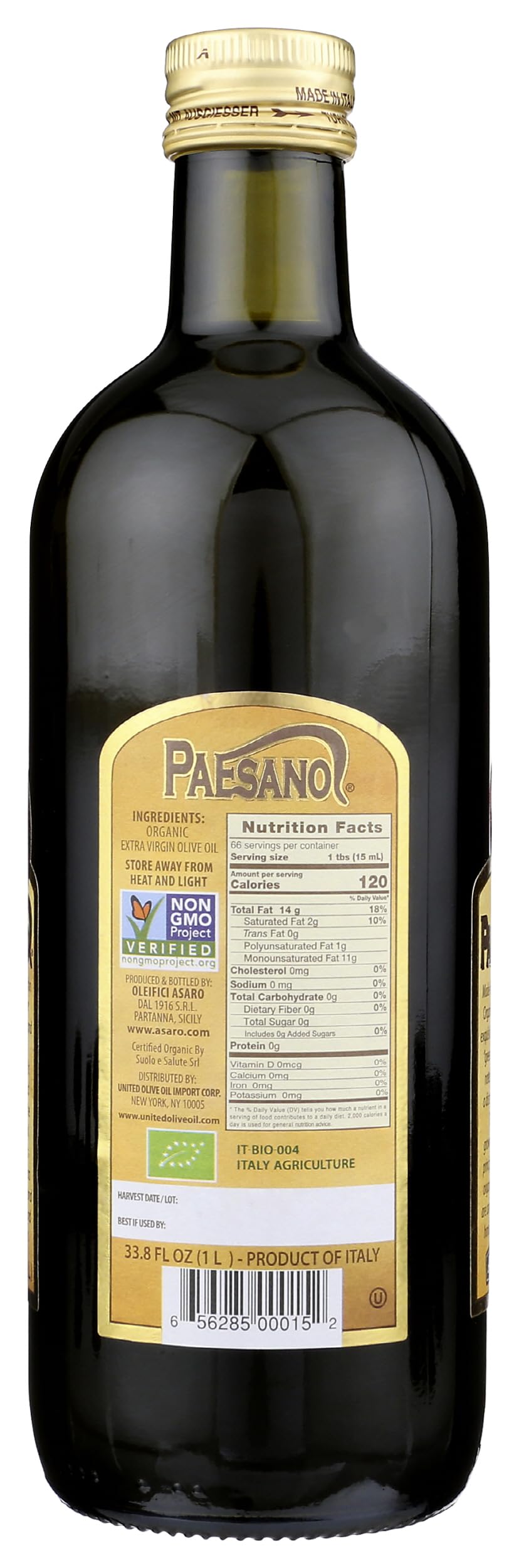 Paesanol ORGANIC UNFILTERED Extra Virgin Olive Oil 33.8 Fl Oz Glass
