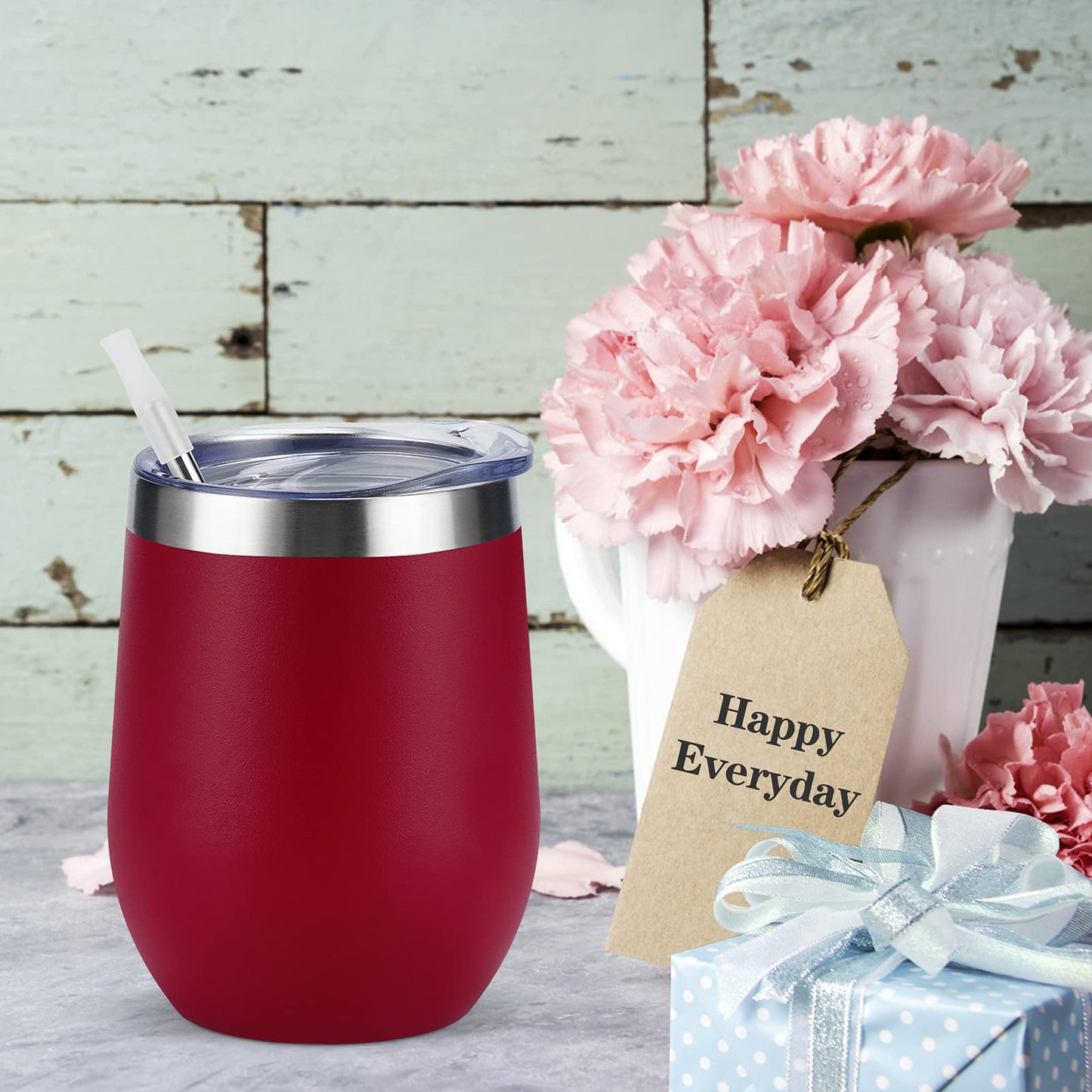 6 Pack Stainless Steel Wine Tumblers, 12Oz Insulated Wine Tumbler, Double Wall Insulated Wine Glass, Stainless Steel Stemless Wine Cups with Lids for Coffee, Wine, Cocktails, Champaign, Wine Red